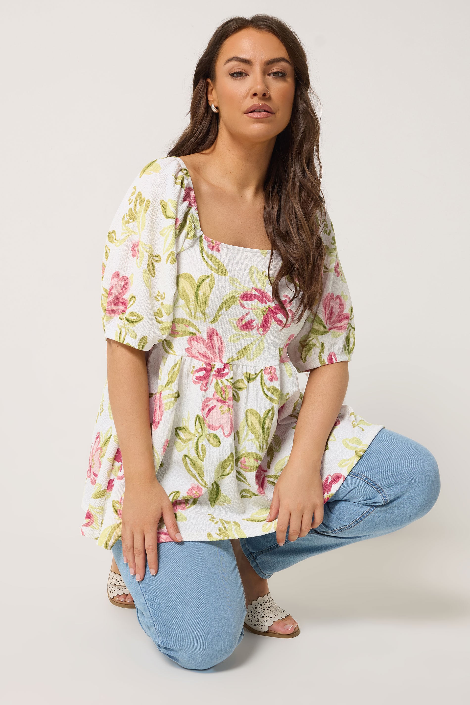 YOURS Plus Size White Floral Peplum Top | Yours Clothing 1