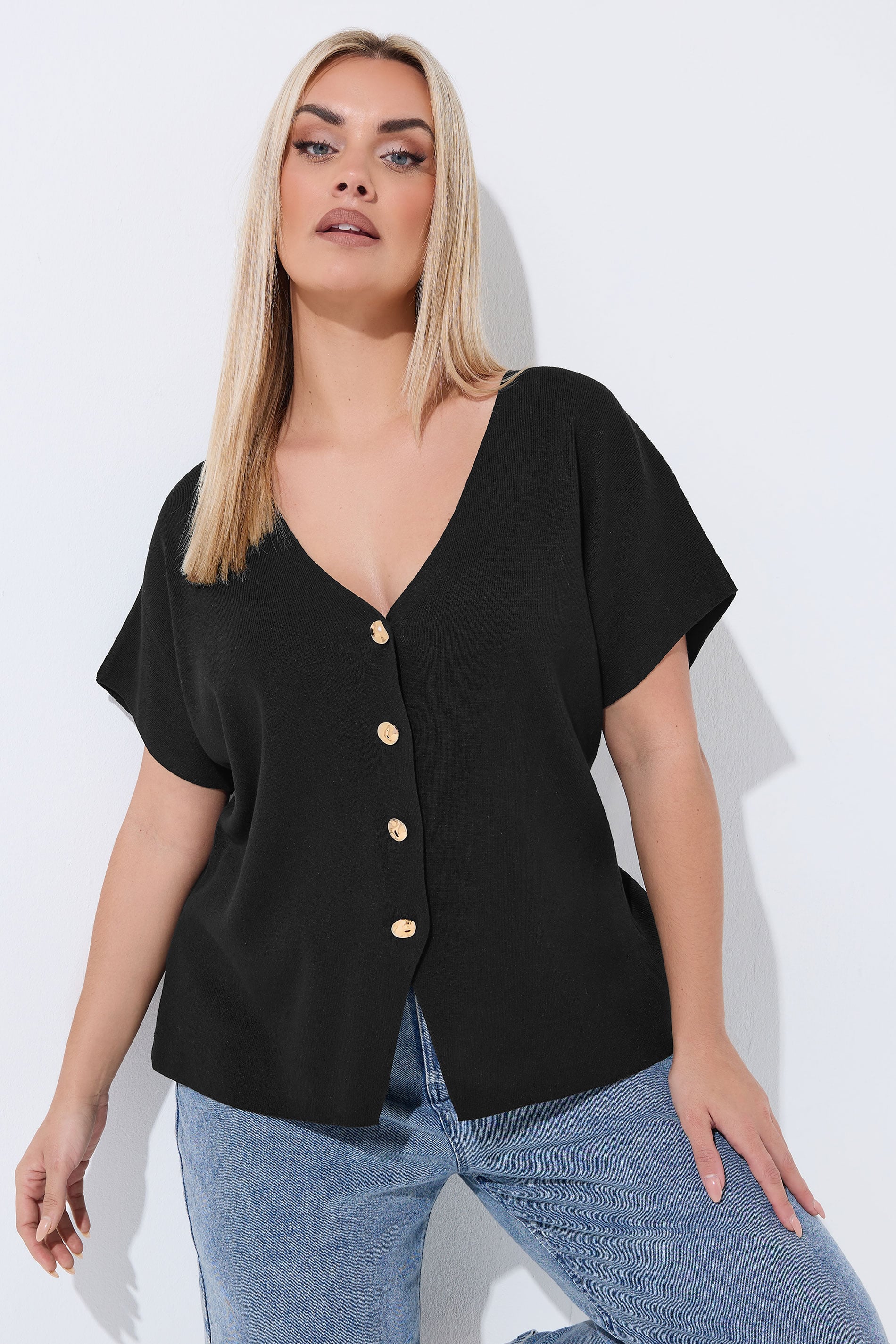 LIMITED COLLECTION Plus Size Black Short Sleeve Knitted Top | Yours Clothing 3