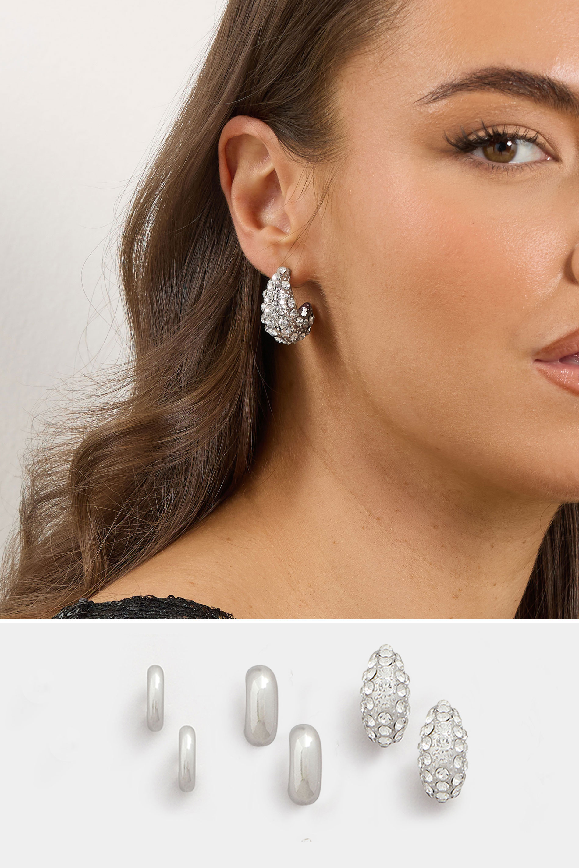 Women's Silver Yours 3 Pack Tone Diamante Polished Hoop Earring Set Size One Size