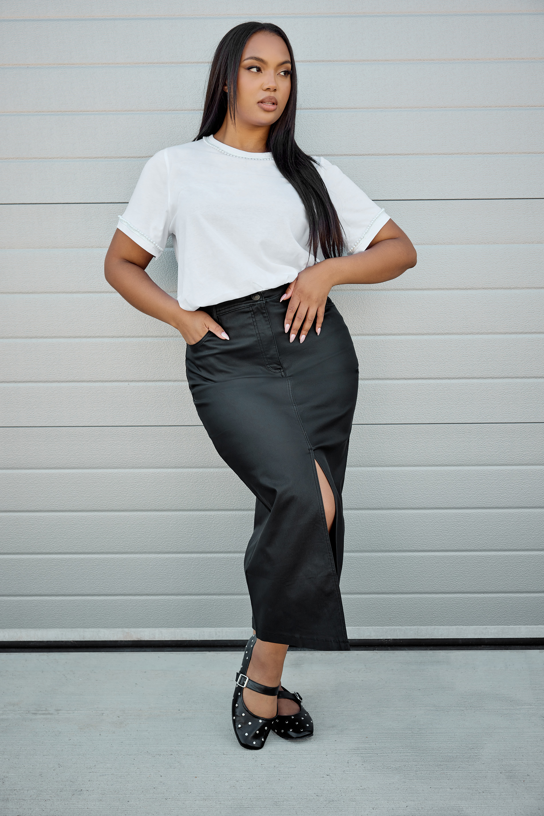 YOURS Plus Size Black Coated Split Hem Midaxi Skirt | Yours Clothing 5