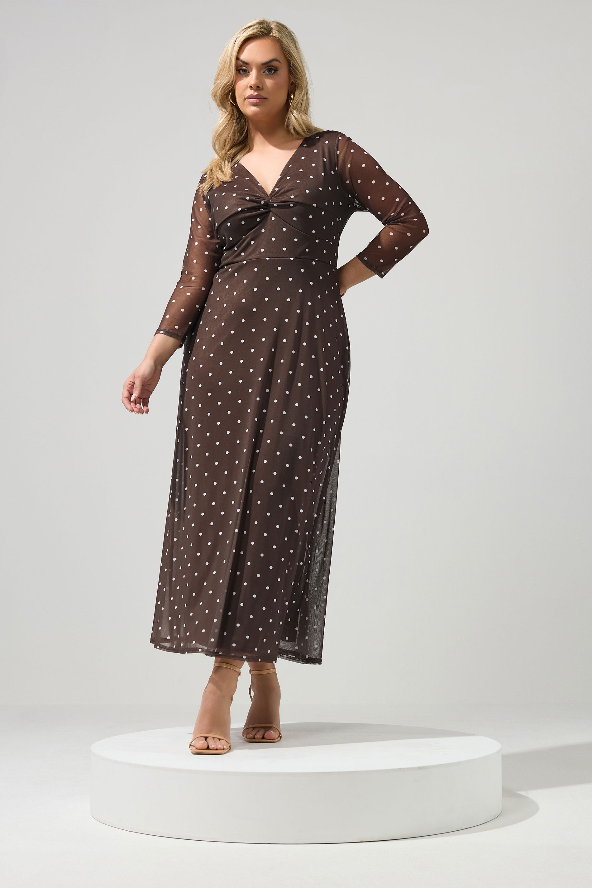 YOURS LONDON Plus Size Chocolate Brown Polka Dot Knot Front Dress | Yours Clothing 1