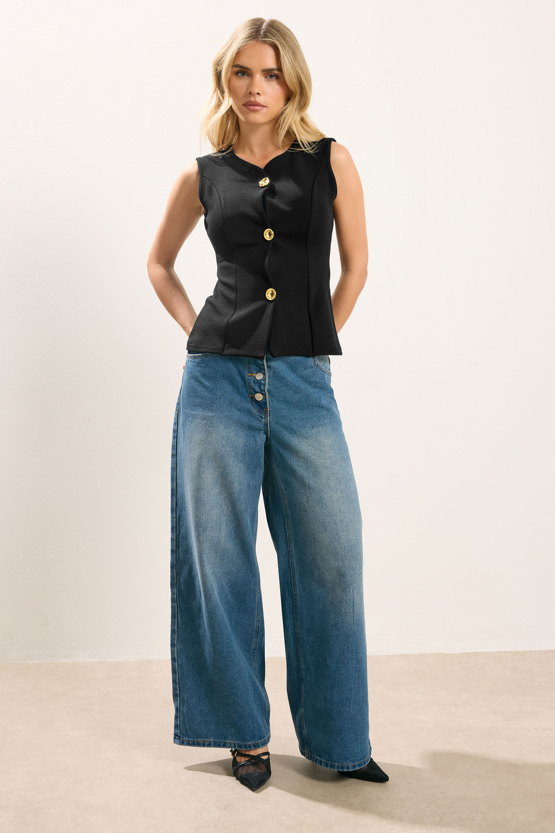 PixieGirl Petite Women's Black Button Sleeveless Top | PixieGirl 1