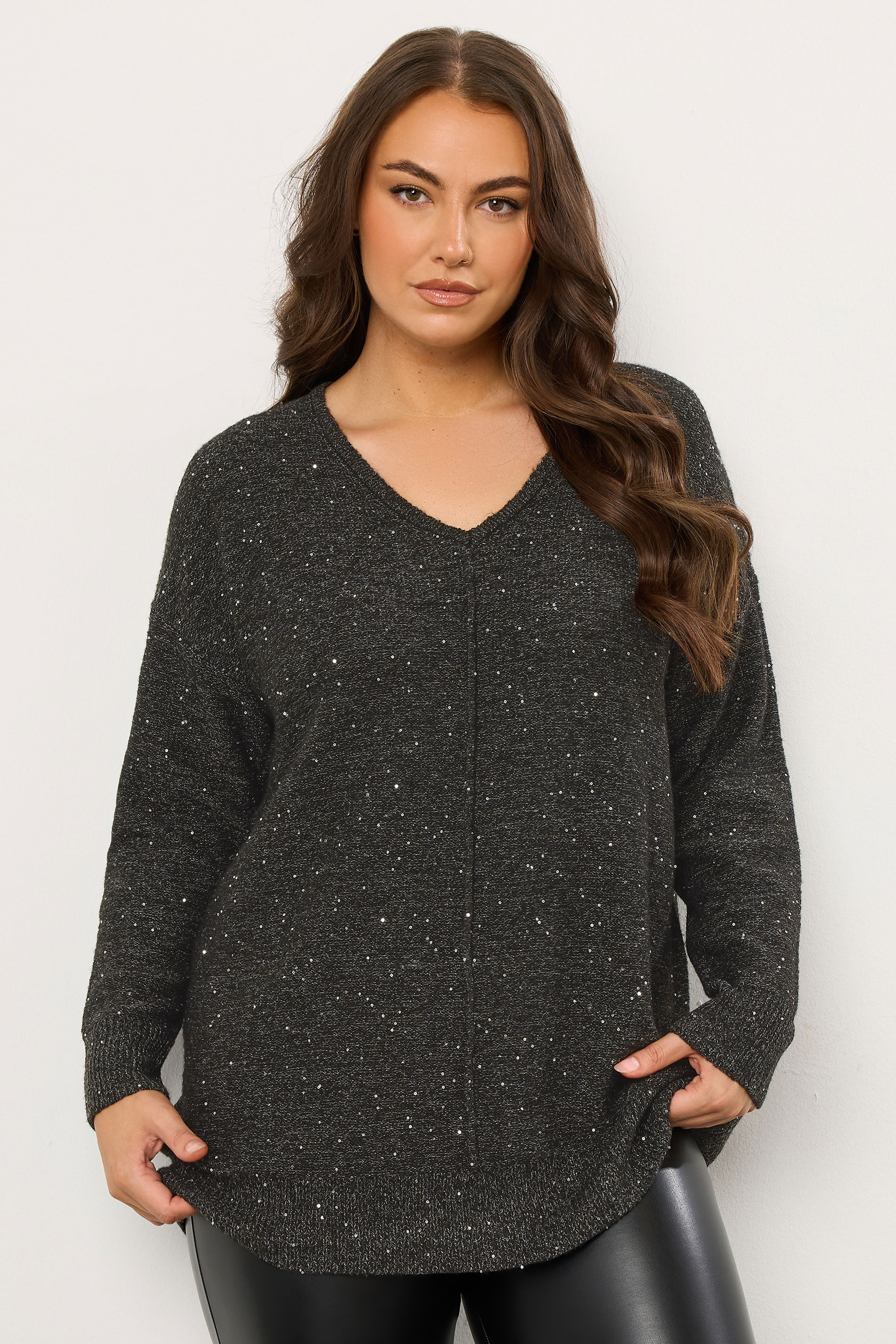 EVANS Plus Size Black Sequin Embellished V-Neck Jumper | Evans 3