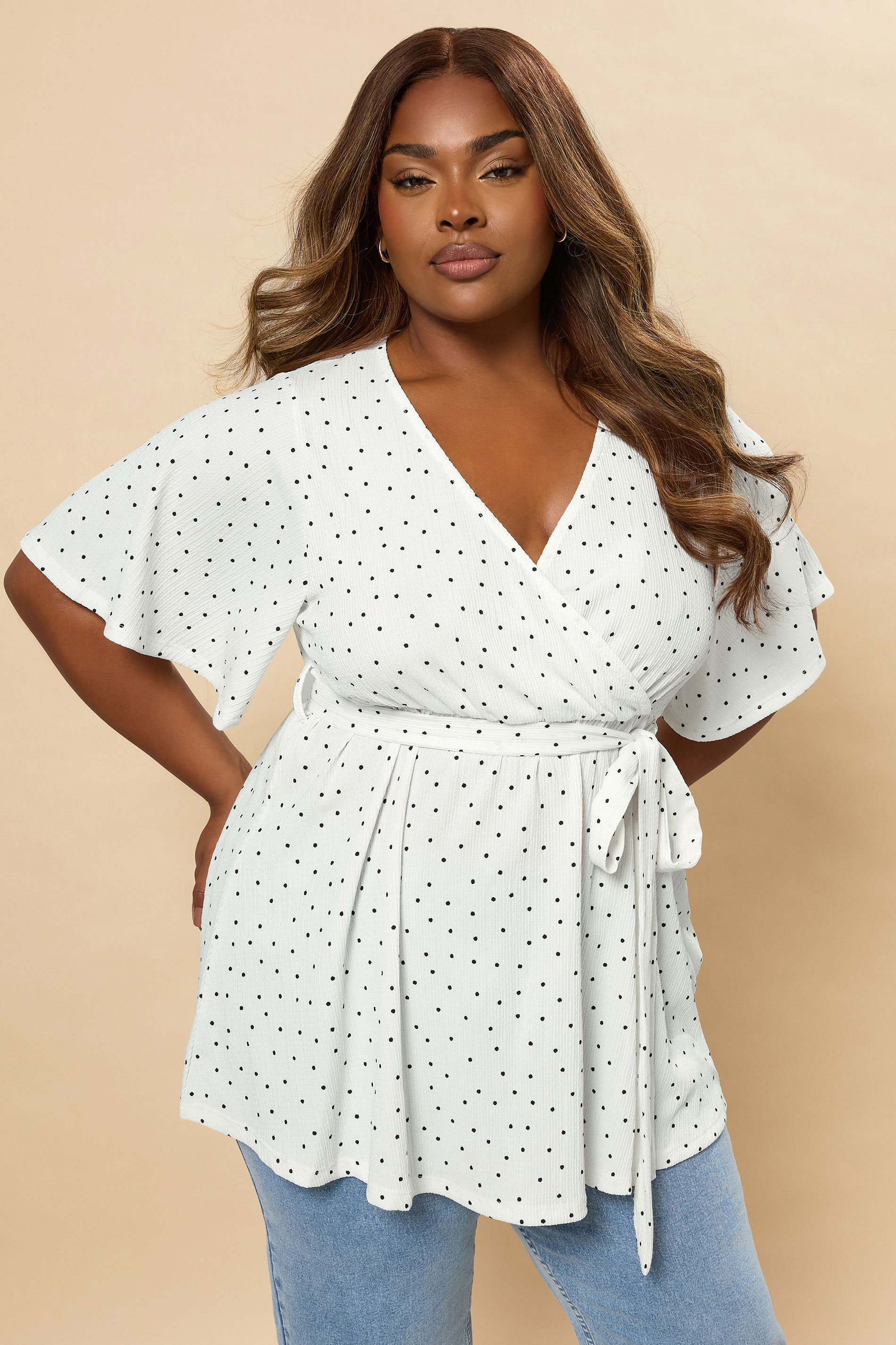 YOURS Plus Size White Ditsy Polka Dot Print Wrap Top | Yours Clothing 3