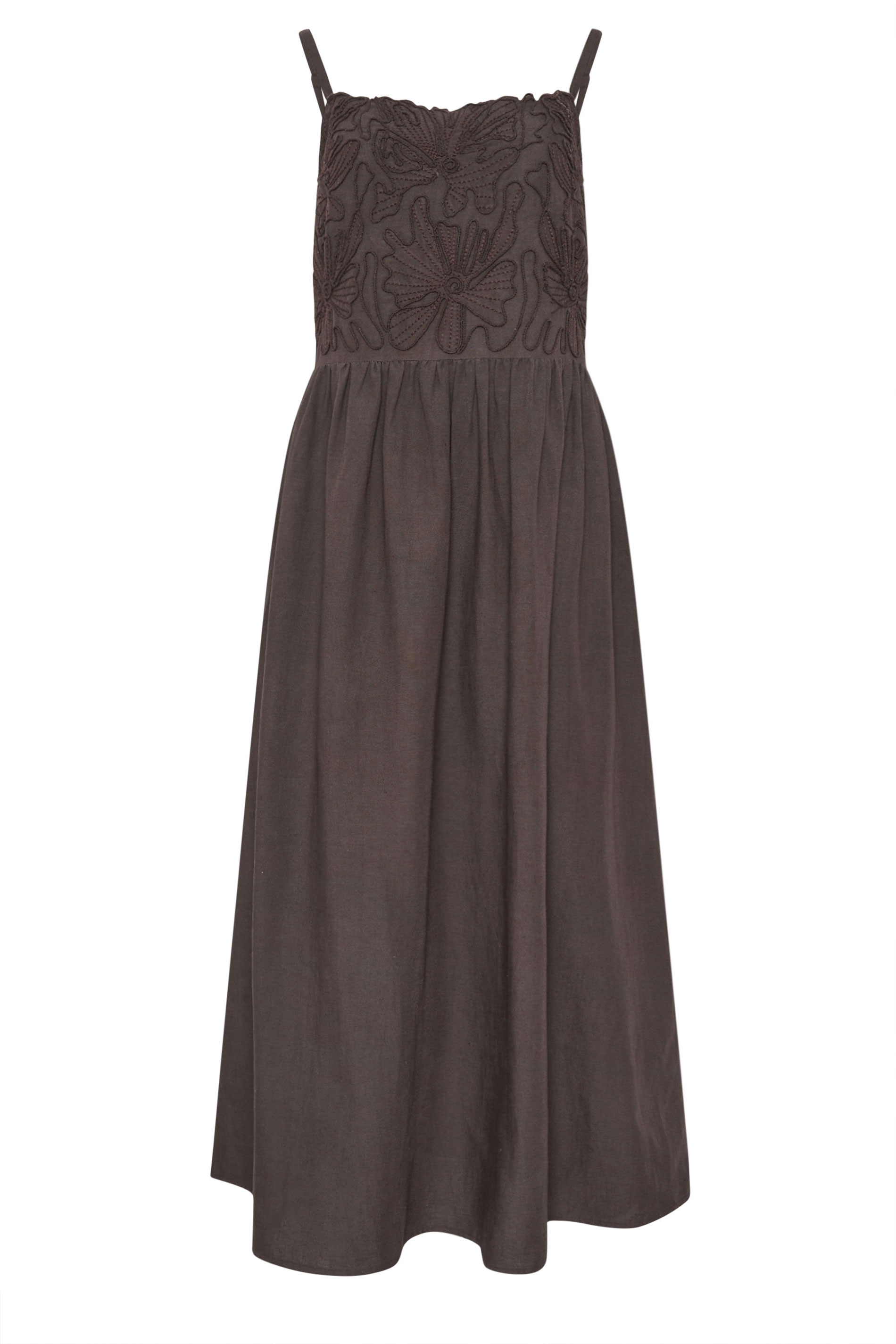LTS Tall Women's Chocolate Brown Linen Embroidered Midi Dress | Long Tall Sally 6