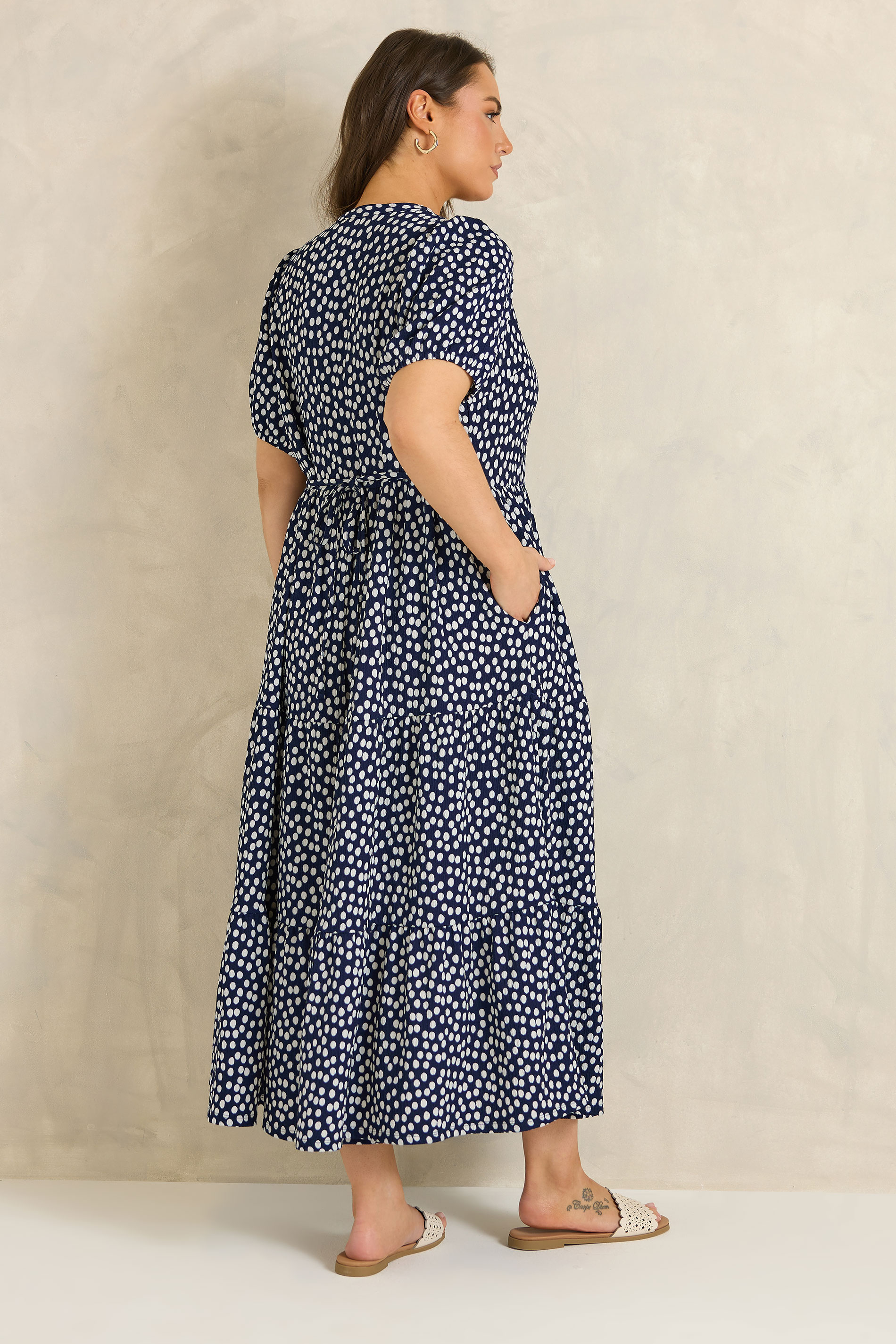 EVANS Plus Size Navy Blue Spot Print Tiered Maxi Dress | Evans 2