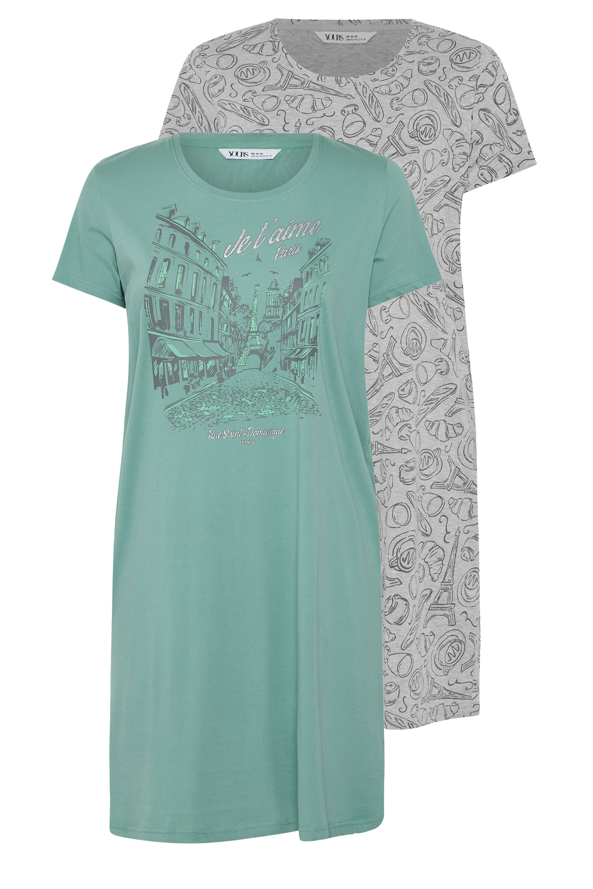 YOURSET Plus Size 2 PACK Green Paris Scene Nightdresses | Yours Clothing 3