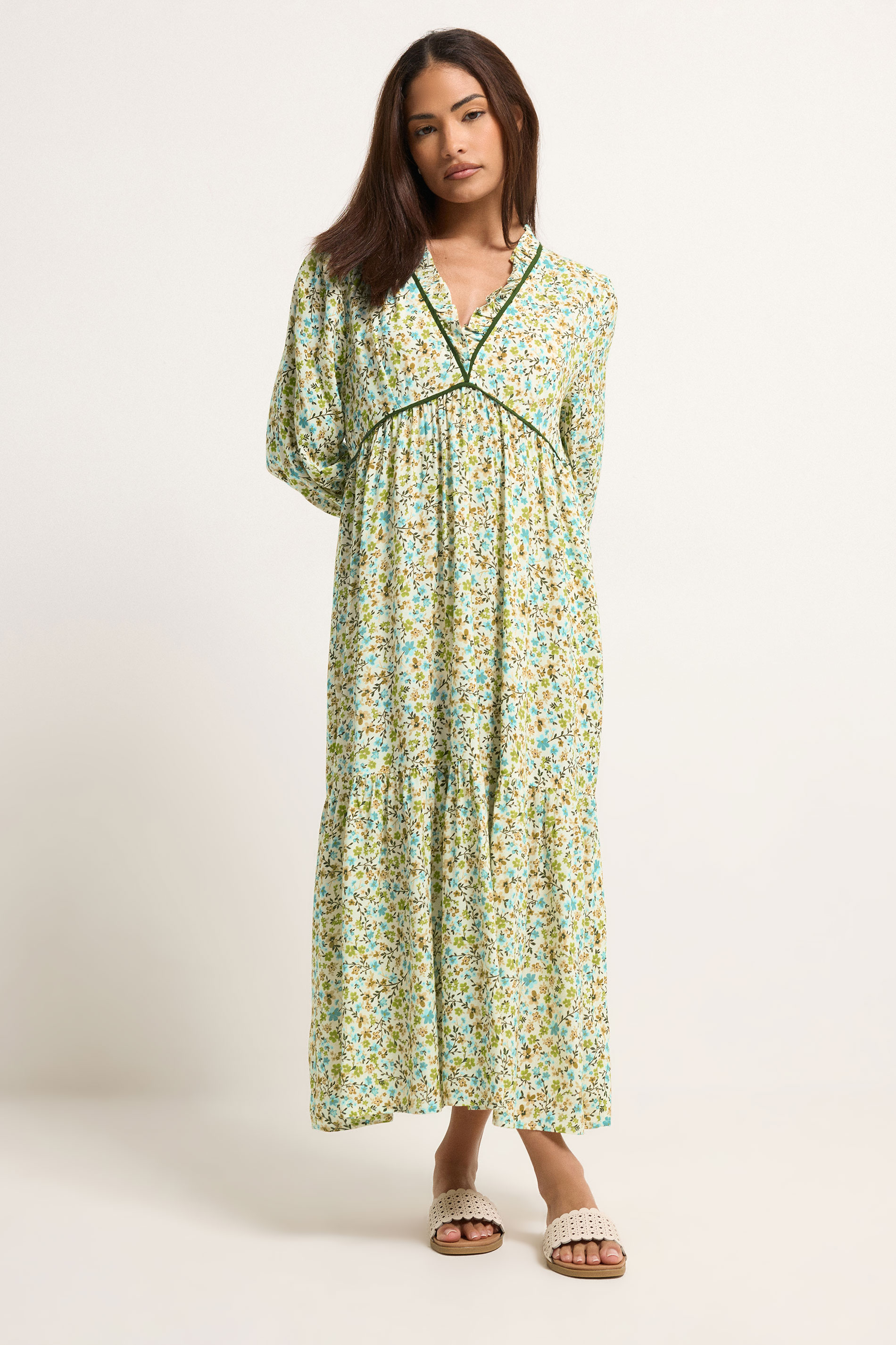 PixieGirl Petite Women's Green Floral Frill Midaxi Dress | PixieGirl 2