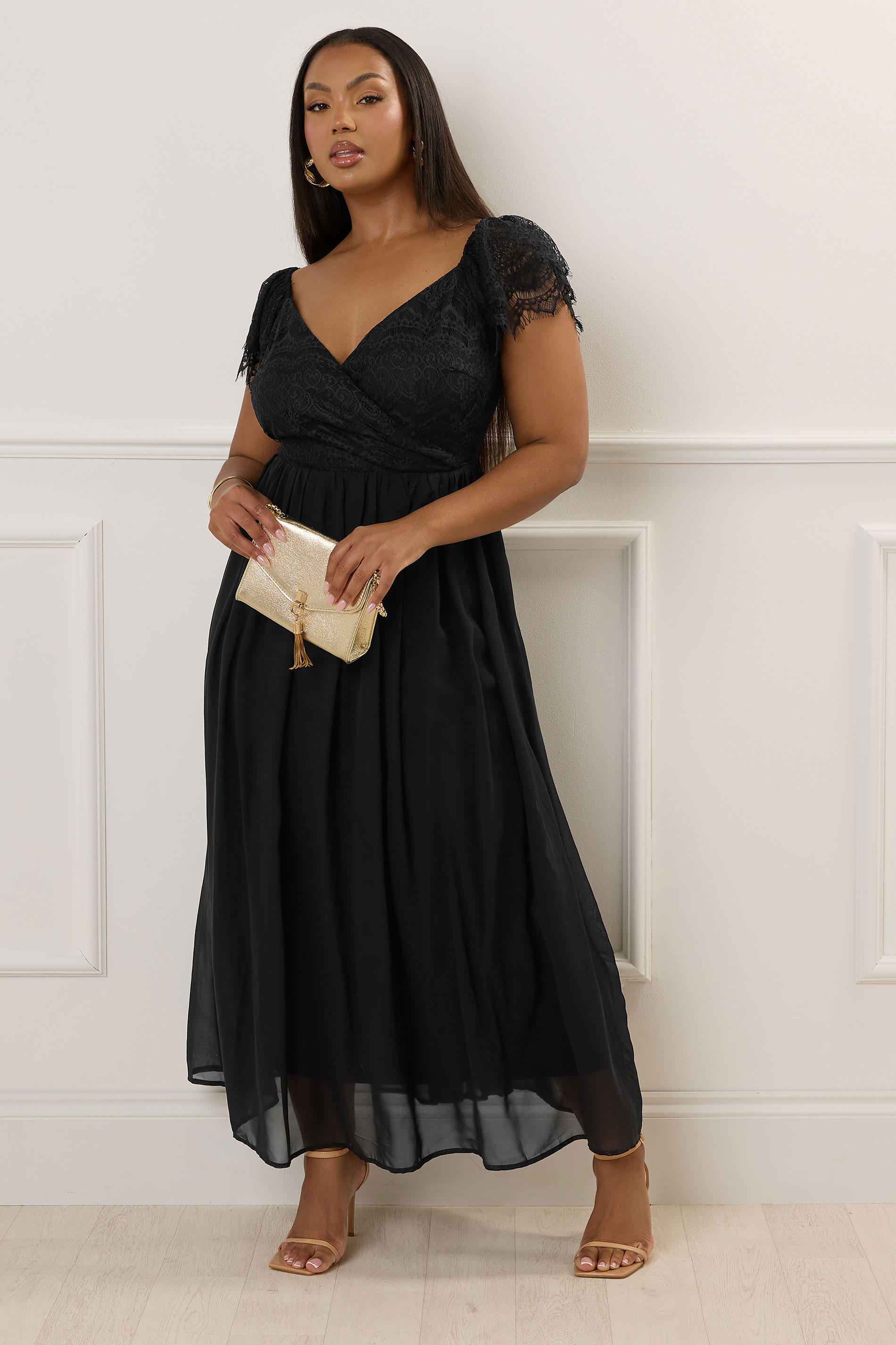 YOURS LONDON Plus Size Black Lace Maxi Wrap Dress | Yours Clothing 1