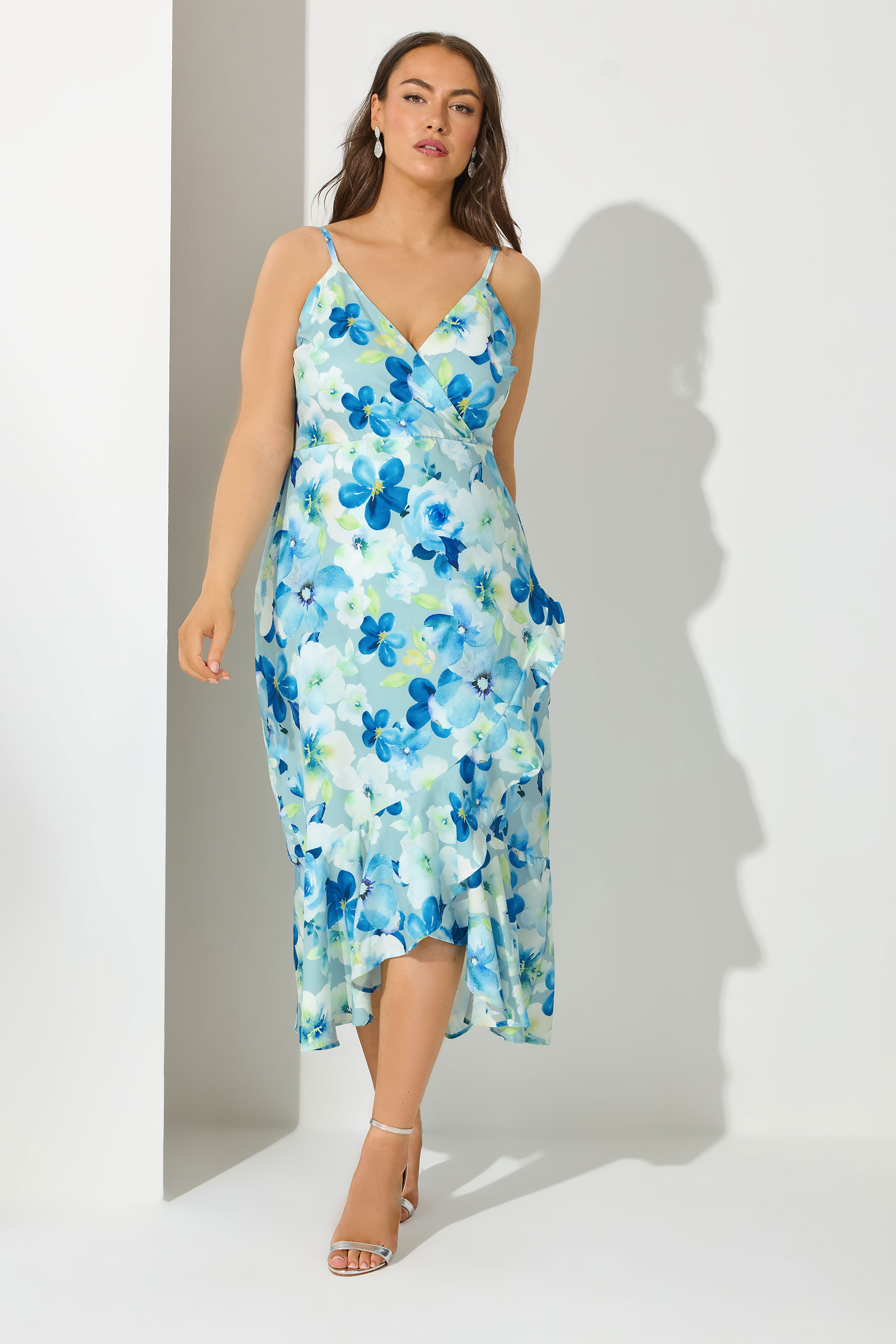 YOURS LONDON Plus Size Blue Floral Print Ruffle Wrap Dress | Yours Clothing 3