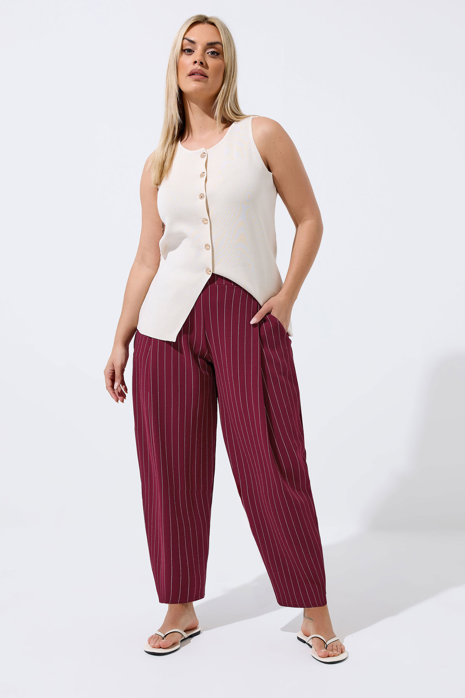 LIMITED COLLECTION Plus Size Burgundy Red Pinstripe Barrel Trousers | Yours Clothing 1