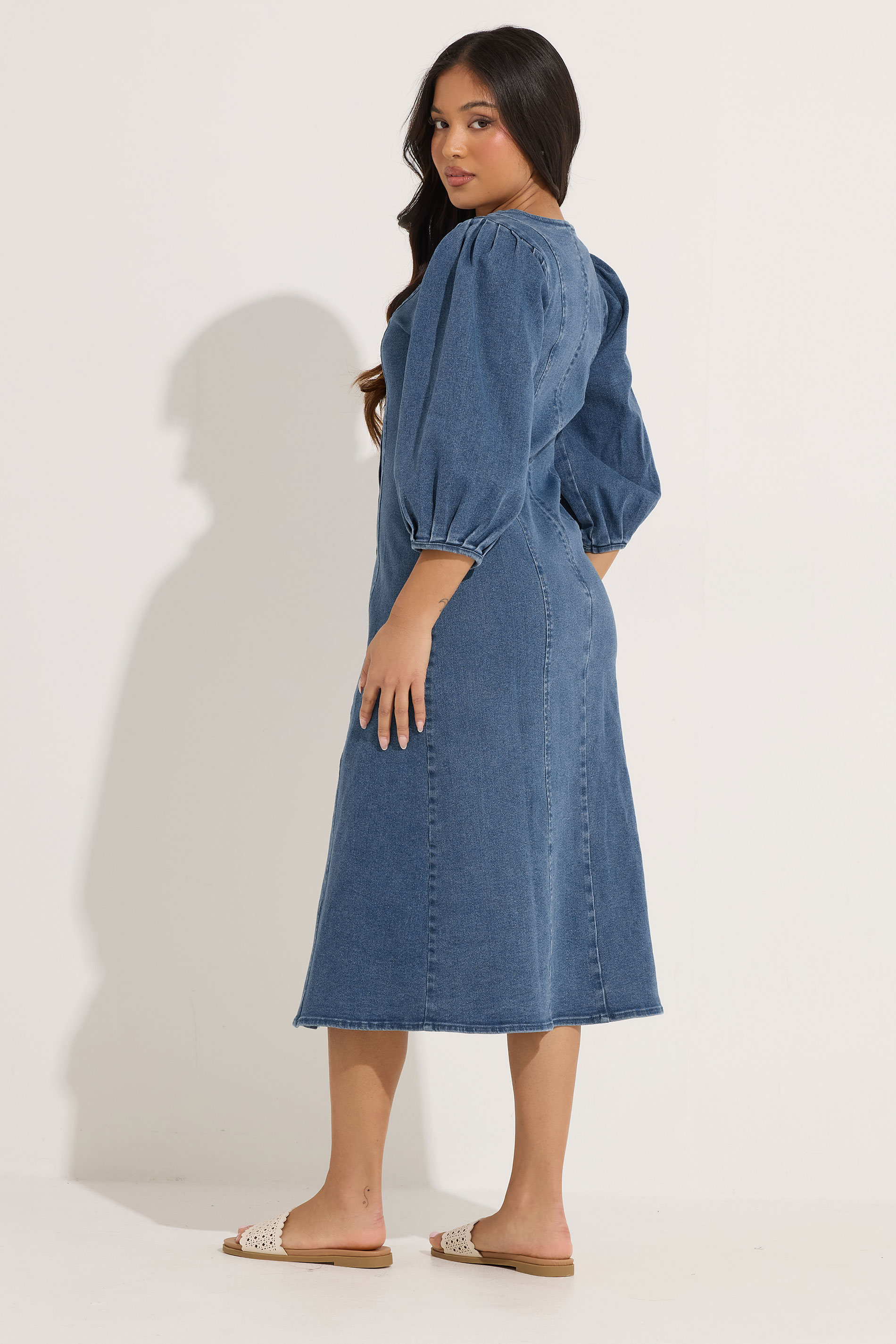 PixieGirl Petite Women's Mid Blue Puff Sleeve Cotton Midi Dress | PixieGirl 4