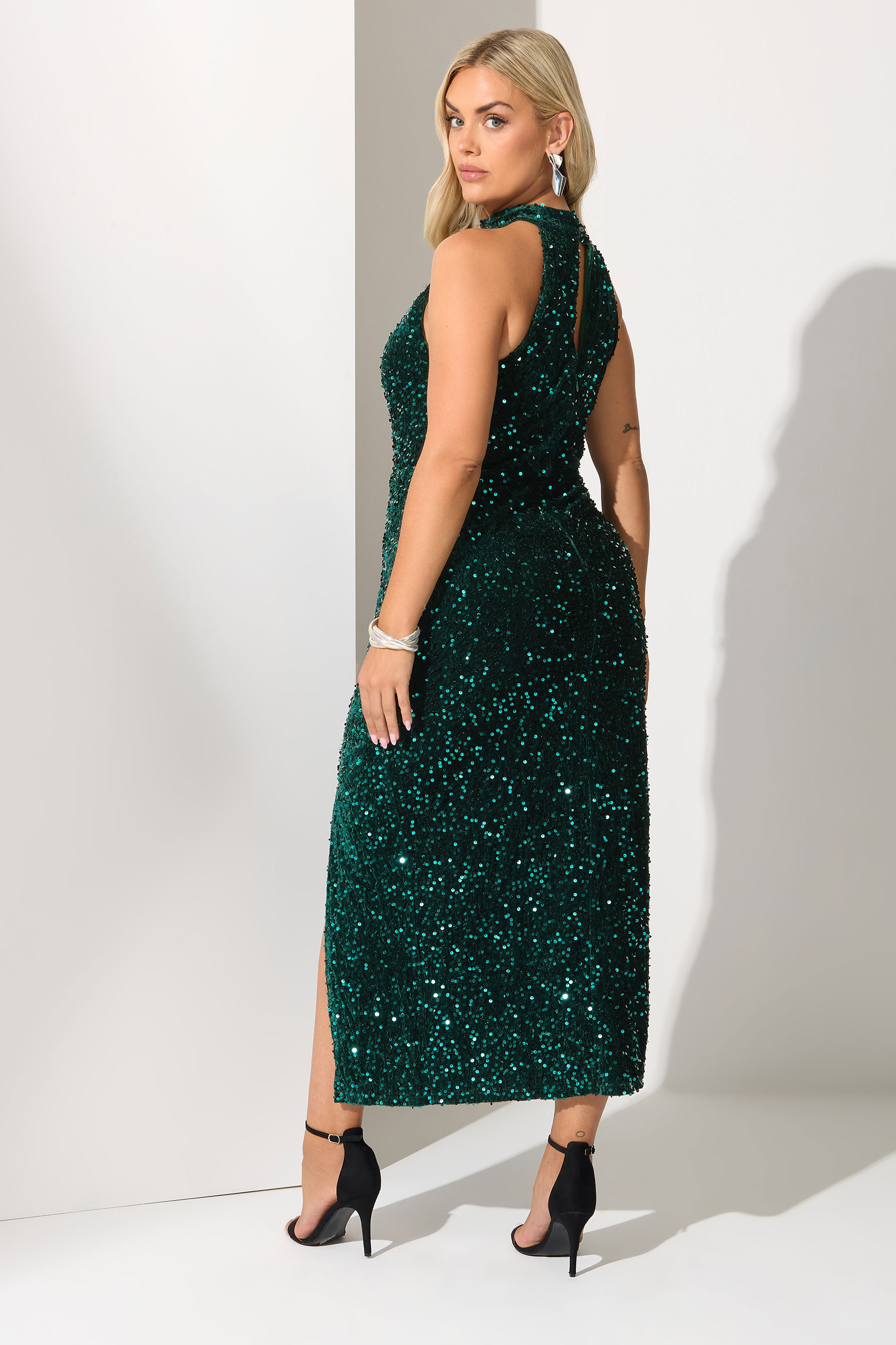 YOURS LONDON Plus Size Green Velvet Sequin Halterneck Maxi Dress | Yours Clothing 3
