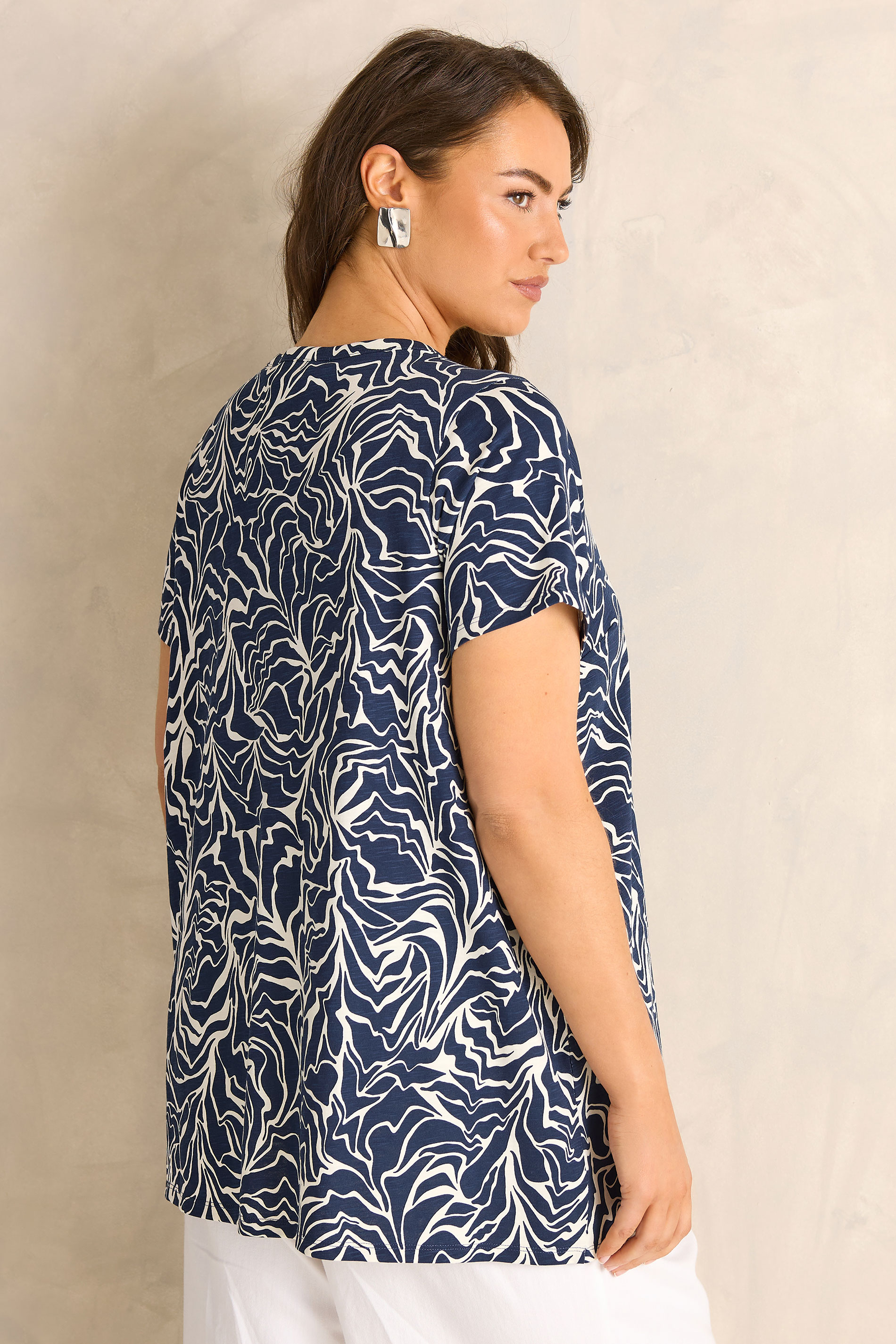 EVANS Plus Size Navy Blue Abstract Print Premium Cotton Henley Top | Evans 2