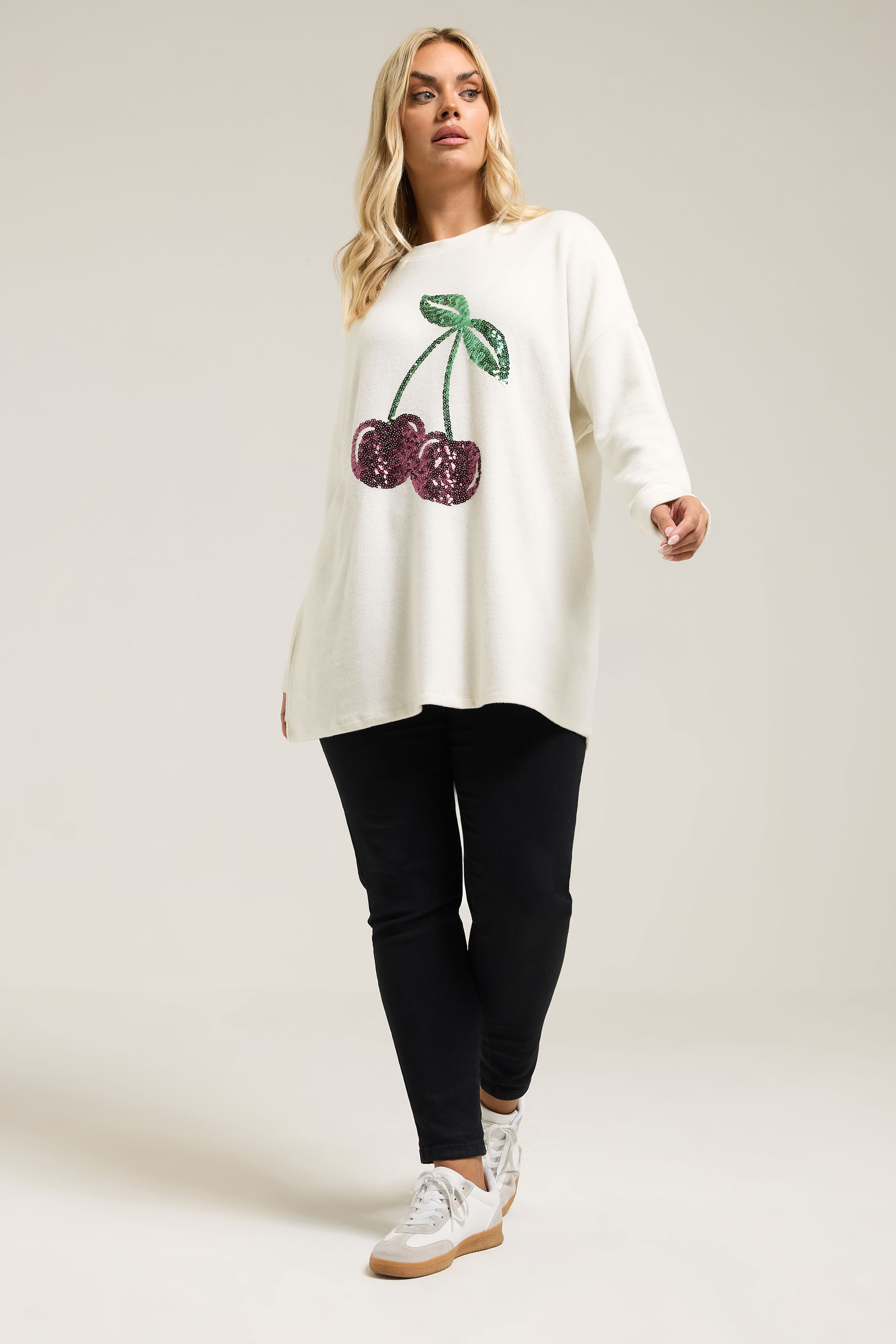 YOURS Plus Size Cream Cherry Sequin Embellished Jumper | Yours Clothing 1