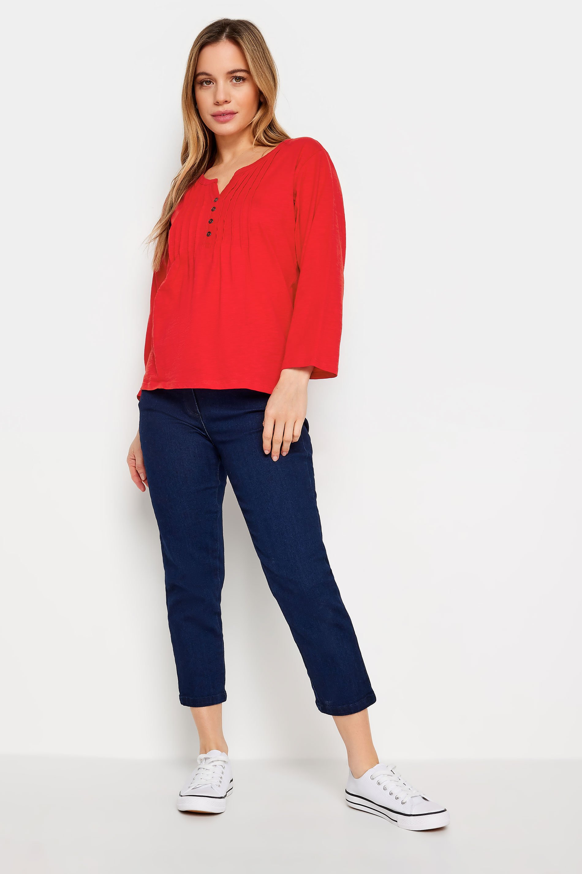 M&Co Petite Bright Red Cotton Henley Top | M&Co 2