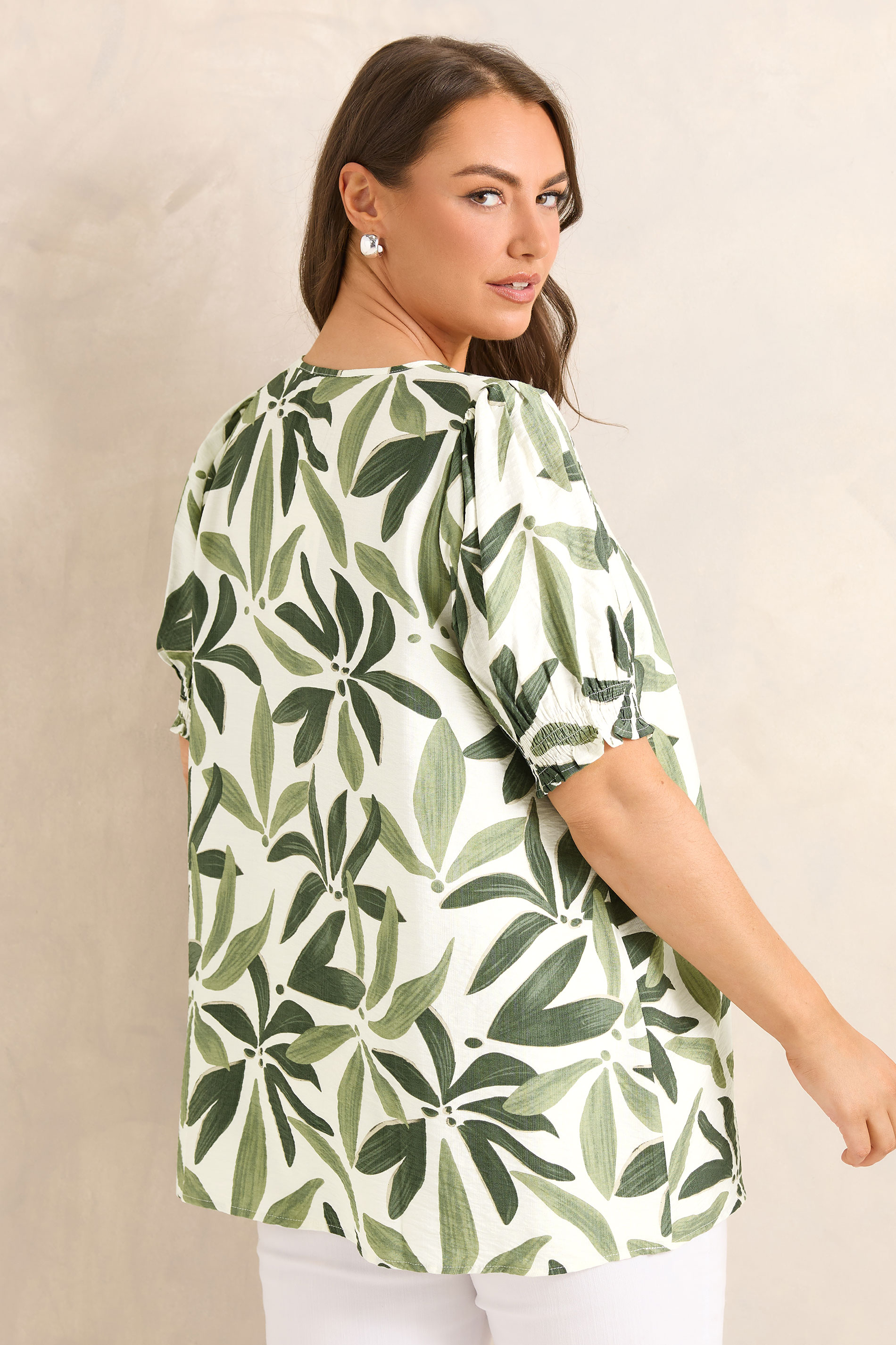 EVANS Plus Size Green Leaf Print Tie Neck Blouse | Evans 5