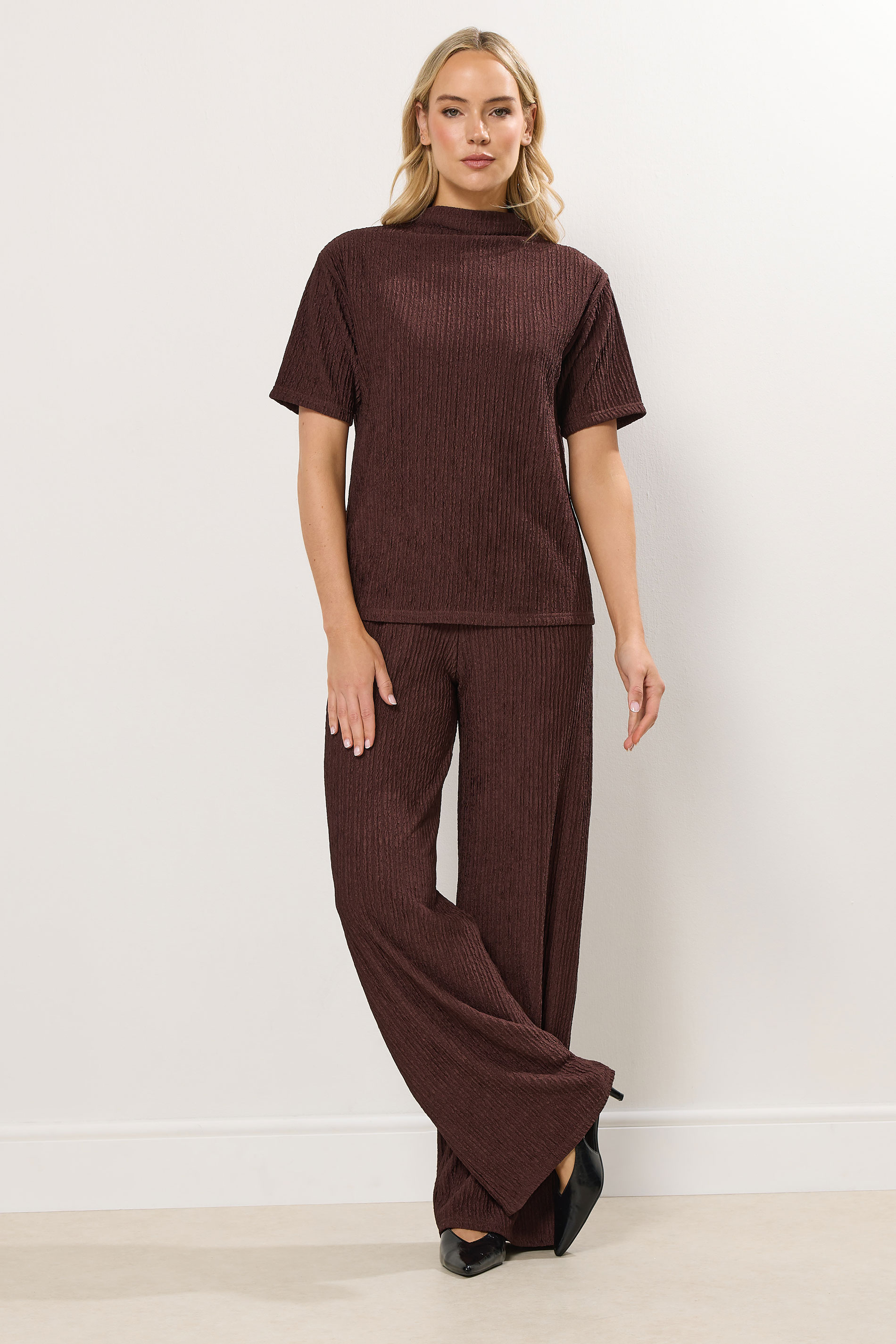 LTS Tall Chocolate Brown Textured Funnel Neck Top | Long Tall Sally 1