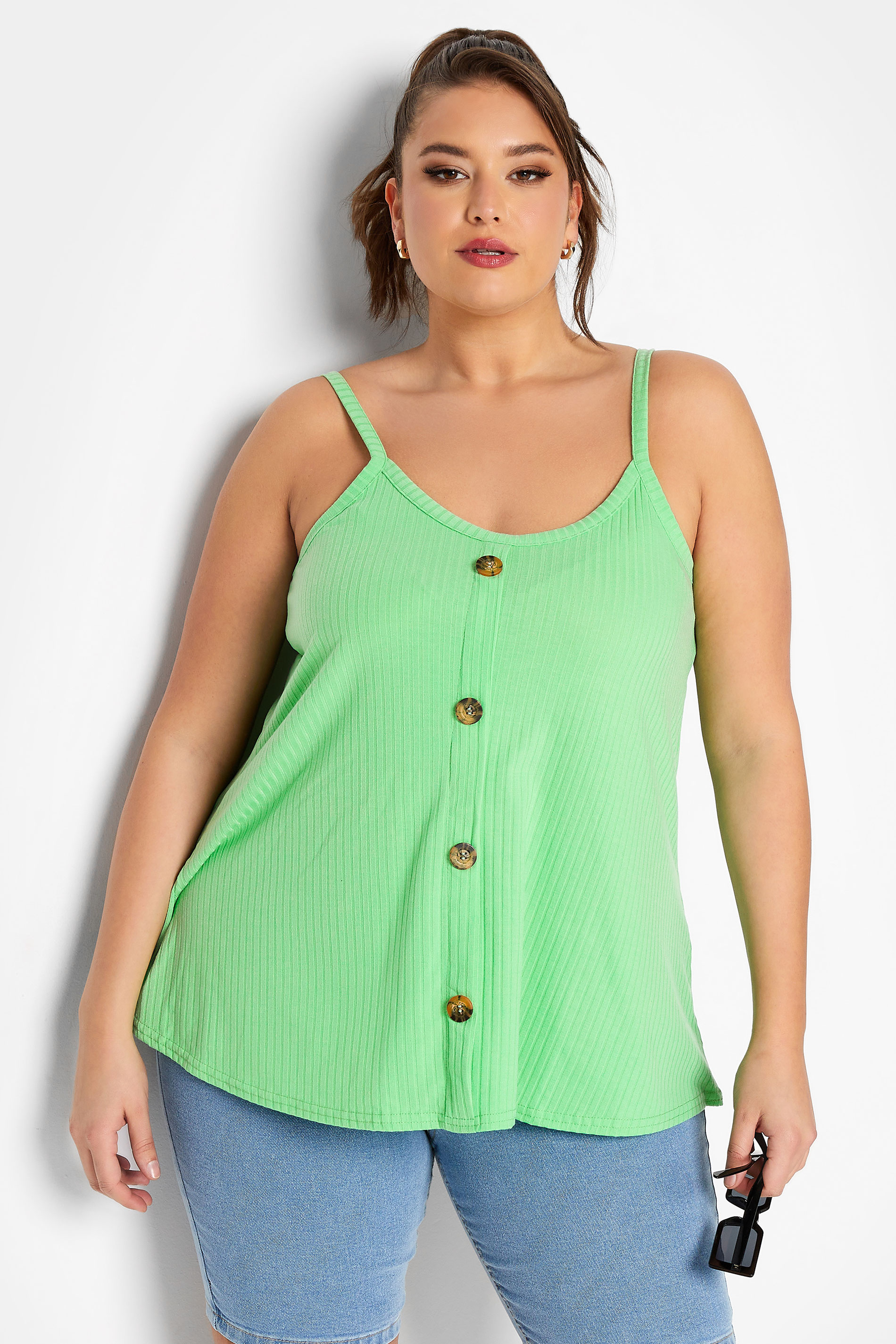 LIMITED COLLECTION Plus Size Green Ribbed Button Cami Top | Yours Clothing  1