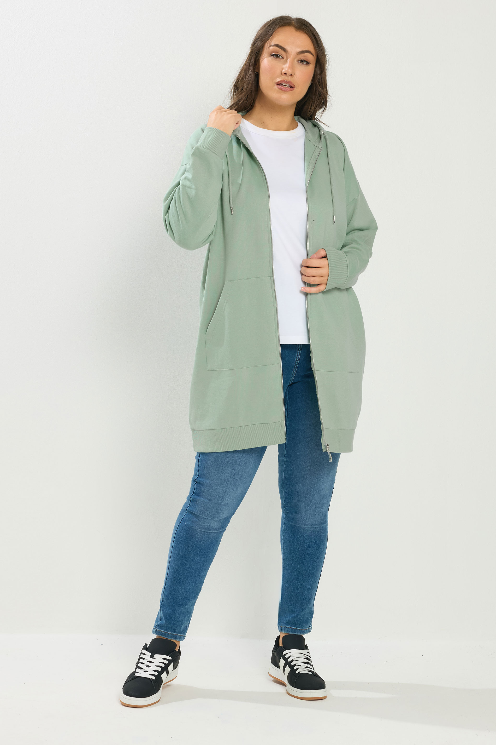 YOURS Plus Size Sage Green Longline Zip Hoodie | Yours Clothing 1