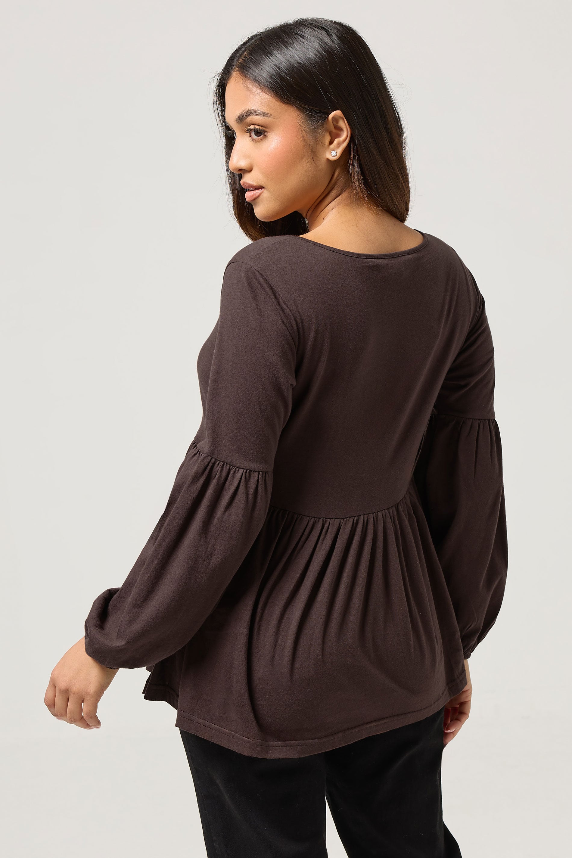 PixieGirl Petite Women's Chocolate Brown Tie Front Cotton Smock Top | PixieGirl 2