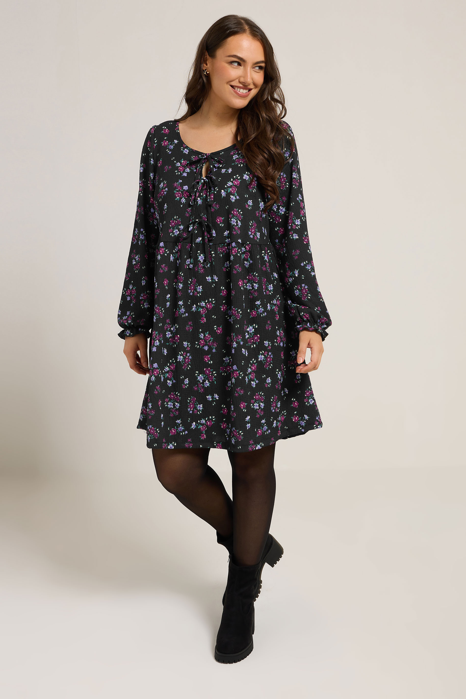 YOURS Plus Size Black Floral Tie Front Textured Dress | Yours Clothing 2