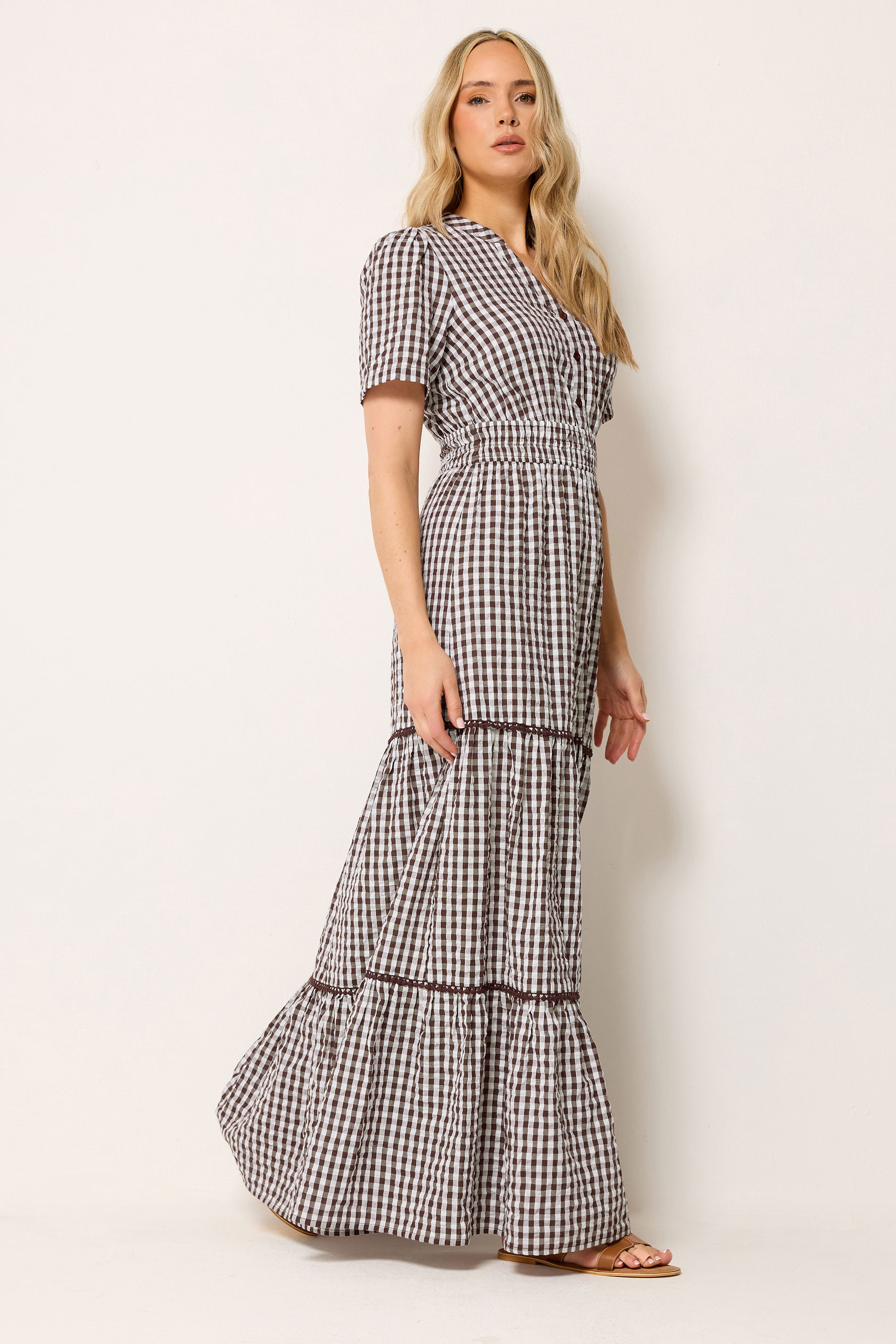 LTS Tall Women's Chocolate Brown Gingham Cotton Maxi Dress | Long Tall Sally 3