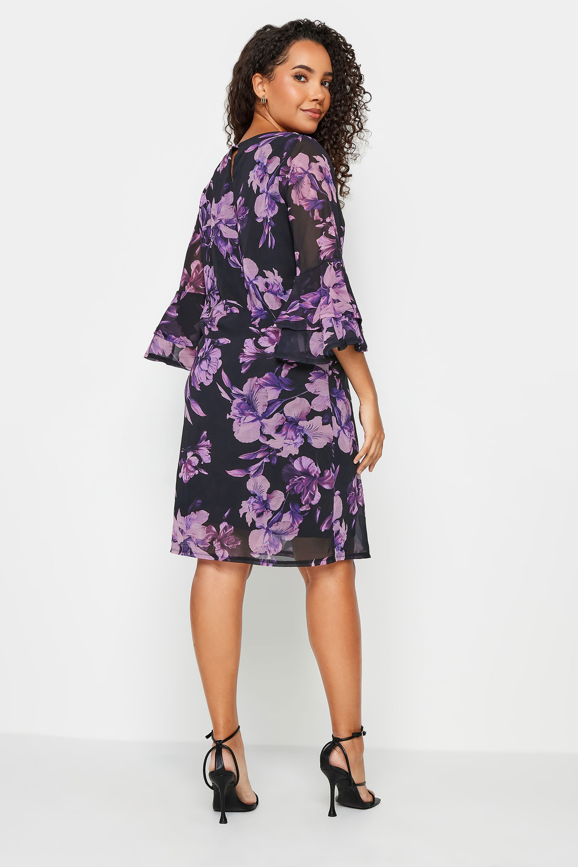 M&Co Black & Pink Floral Print Flute Sleeve Shift Dress | M&Co 3