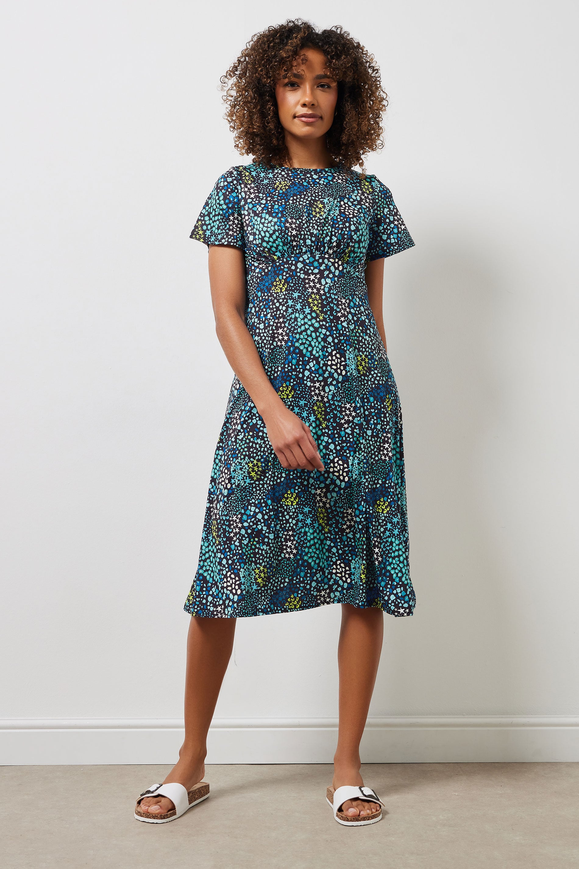 M&Co Blue Mixed Print Short Sleeve Midi Dress | M&Co 2