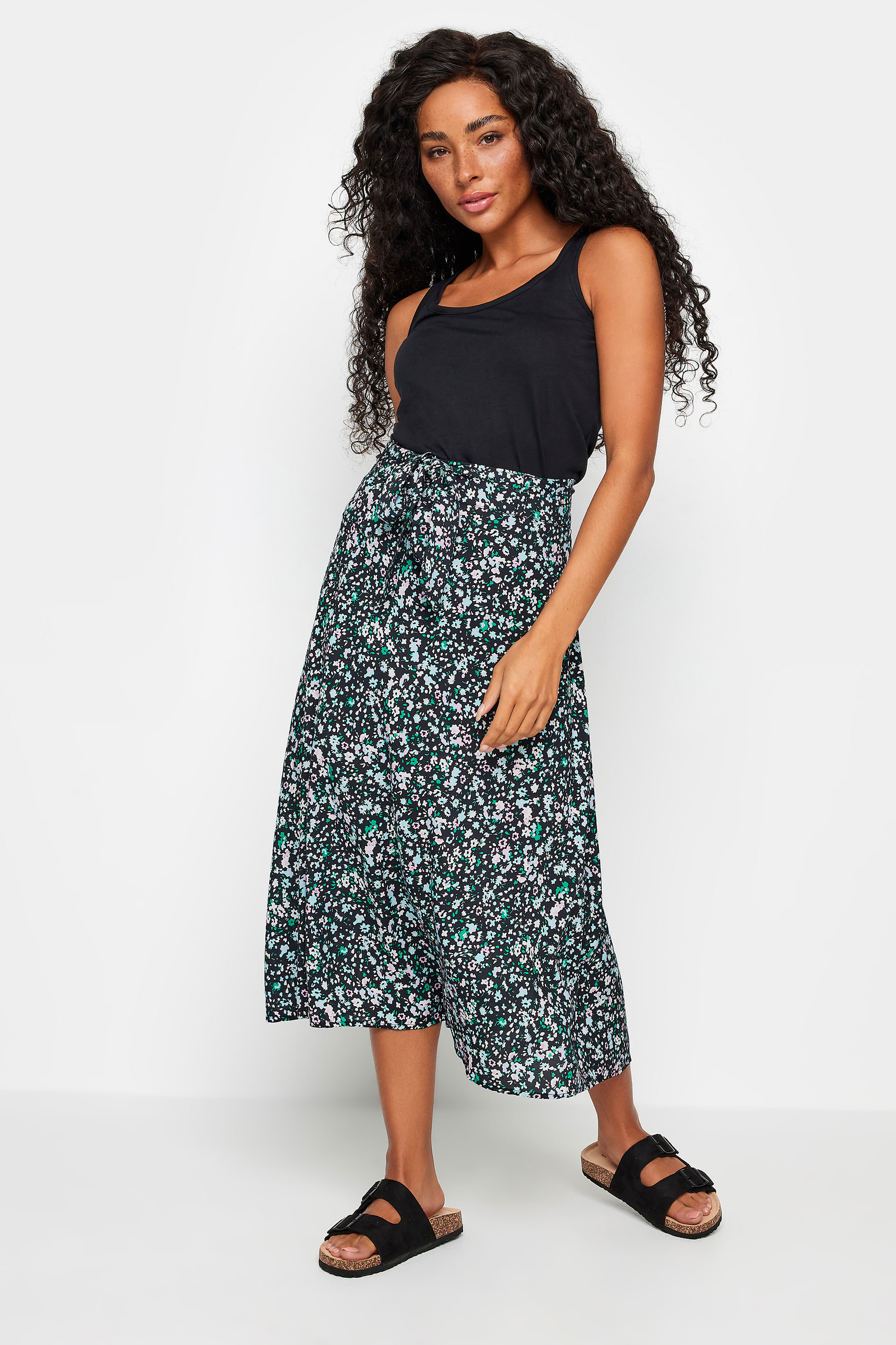 M&Co Petite Black Ditsy Floral Print Belted Midi Skirt | M&Co 2