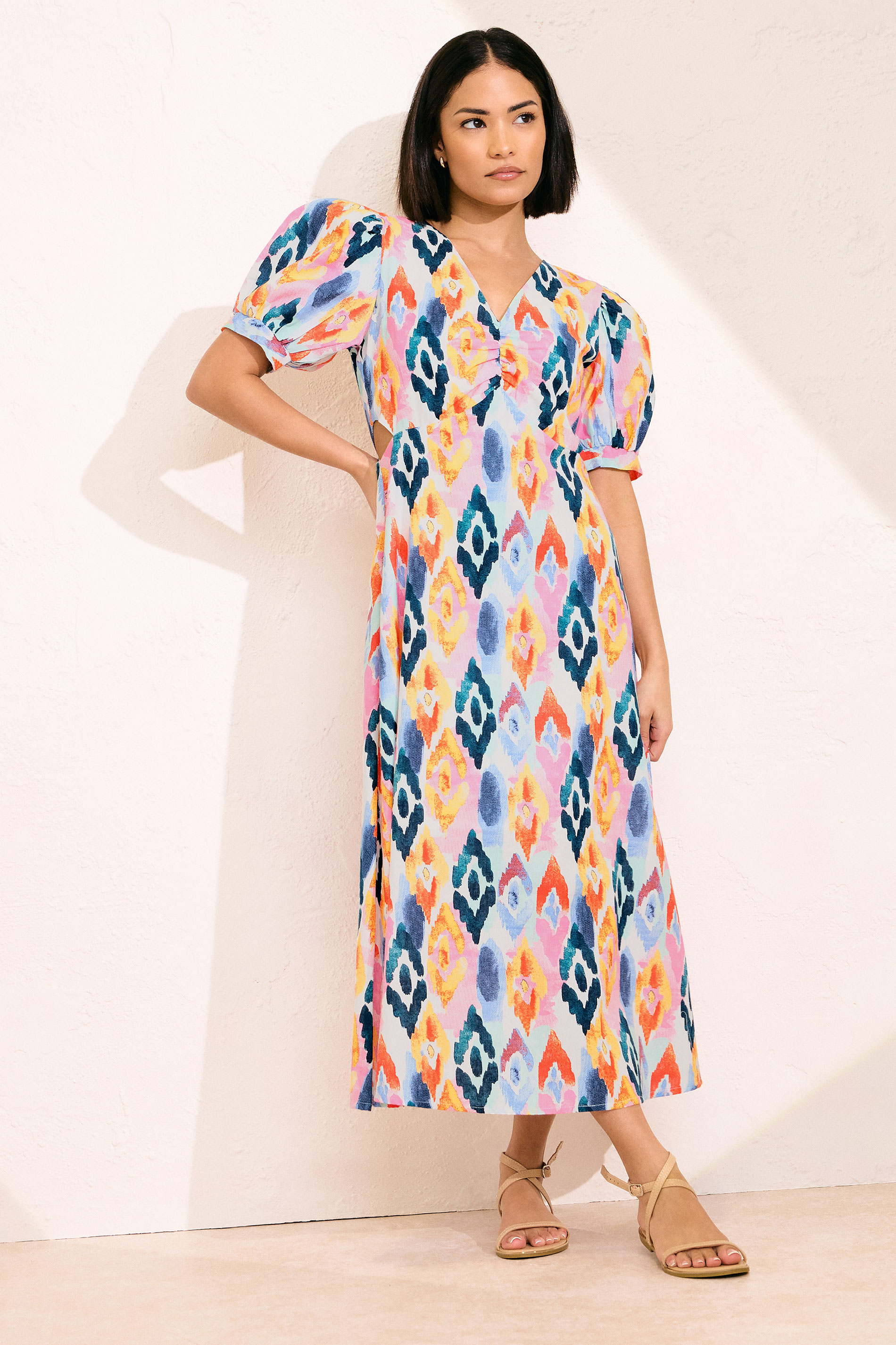 PixieGirl Petite Women's Pink Linen Abstract Puff Sleeve Maxi Dress | PixieGirl 1