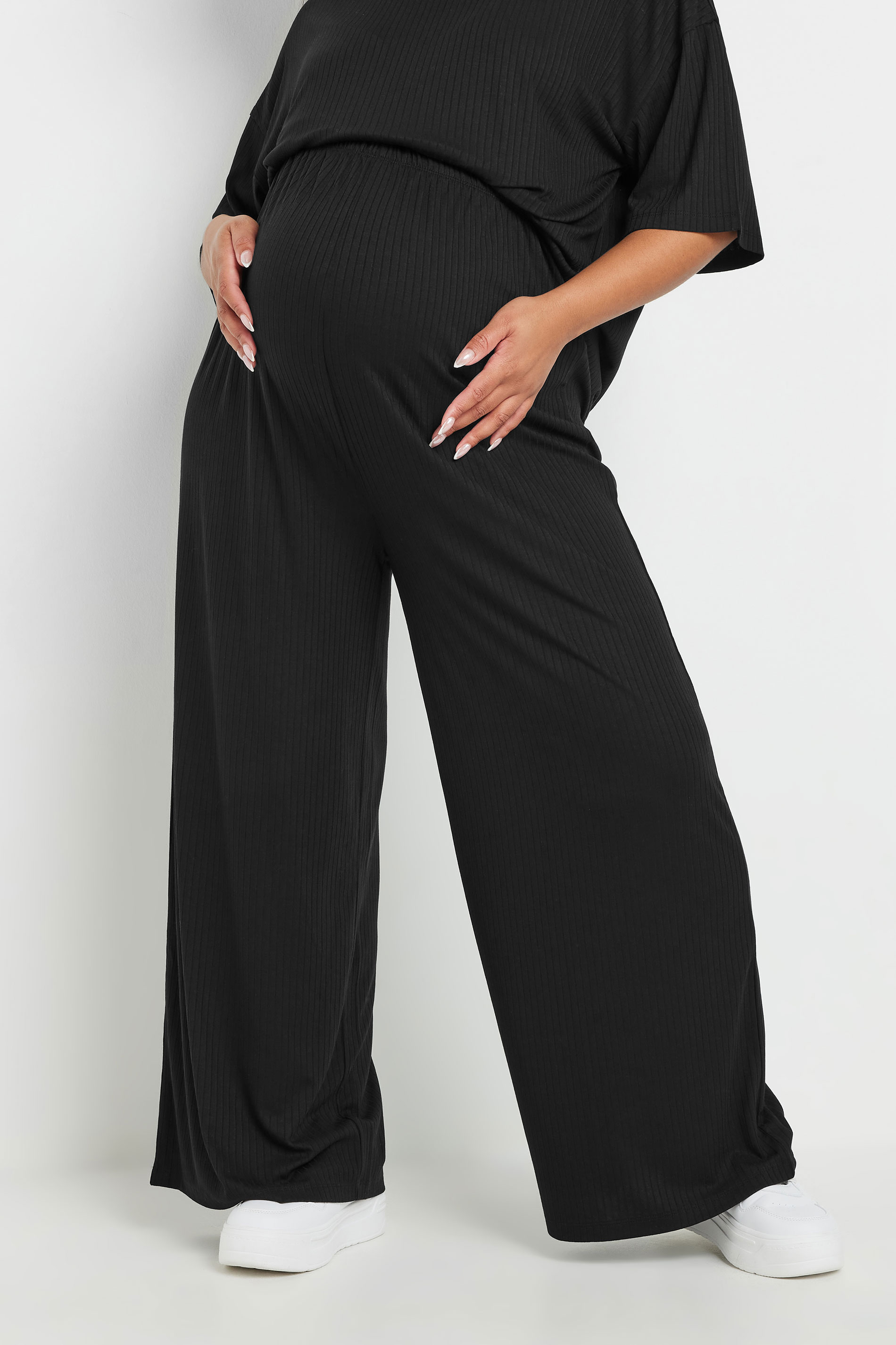 BUMP IT UP MATERNITY Plus Size Black Premium Modal Ribbed Wide Leg Trousers | Yours Clothing 3