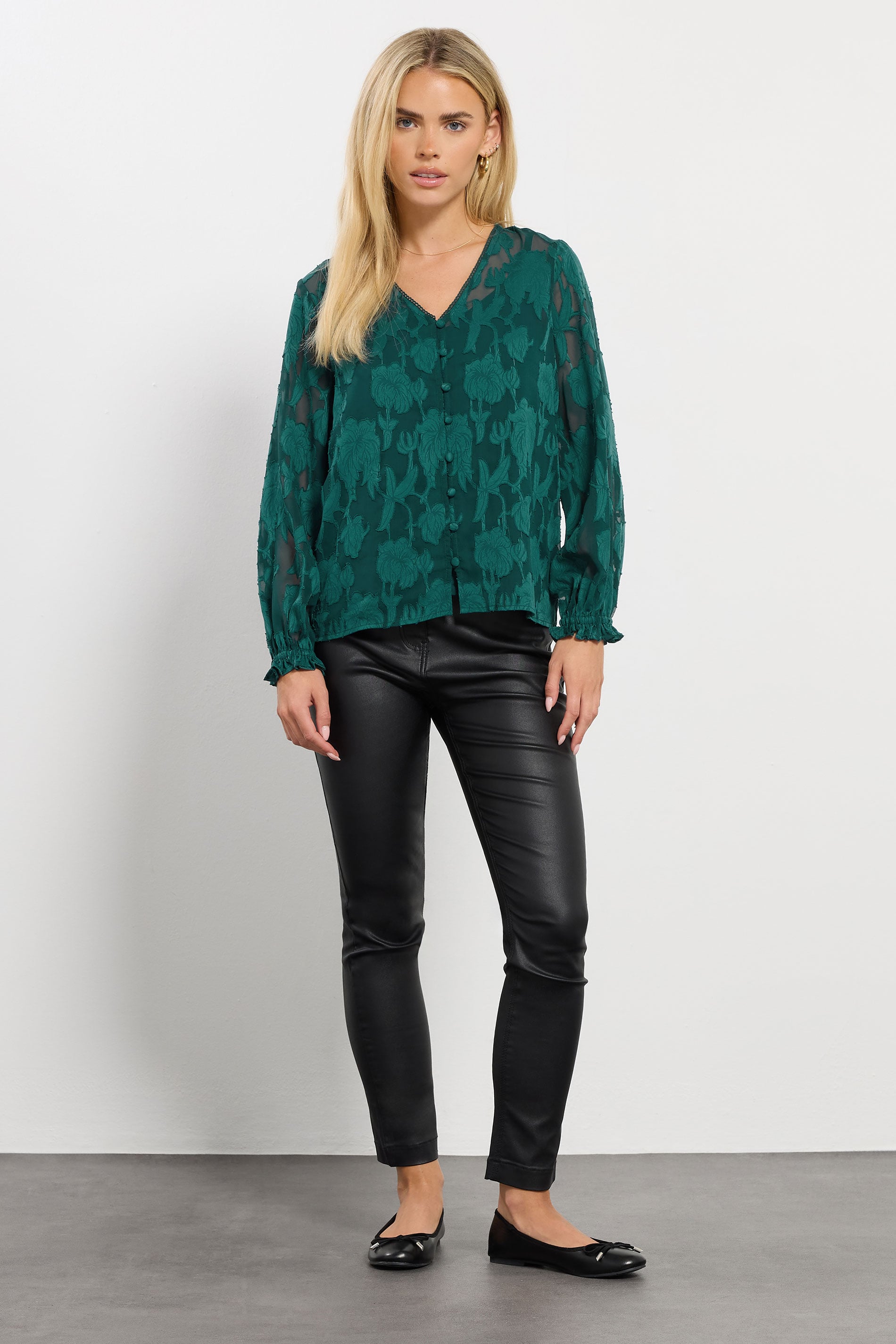 M&Co Petite Teal Green Floral Jacquard V-Neck Blouse | M&Co 4