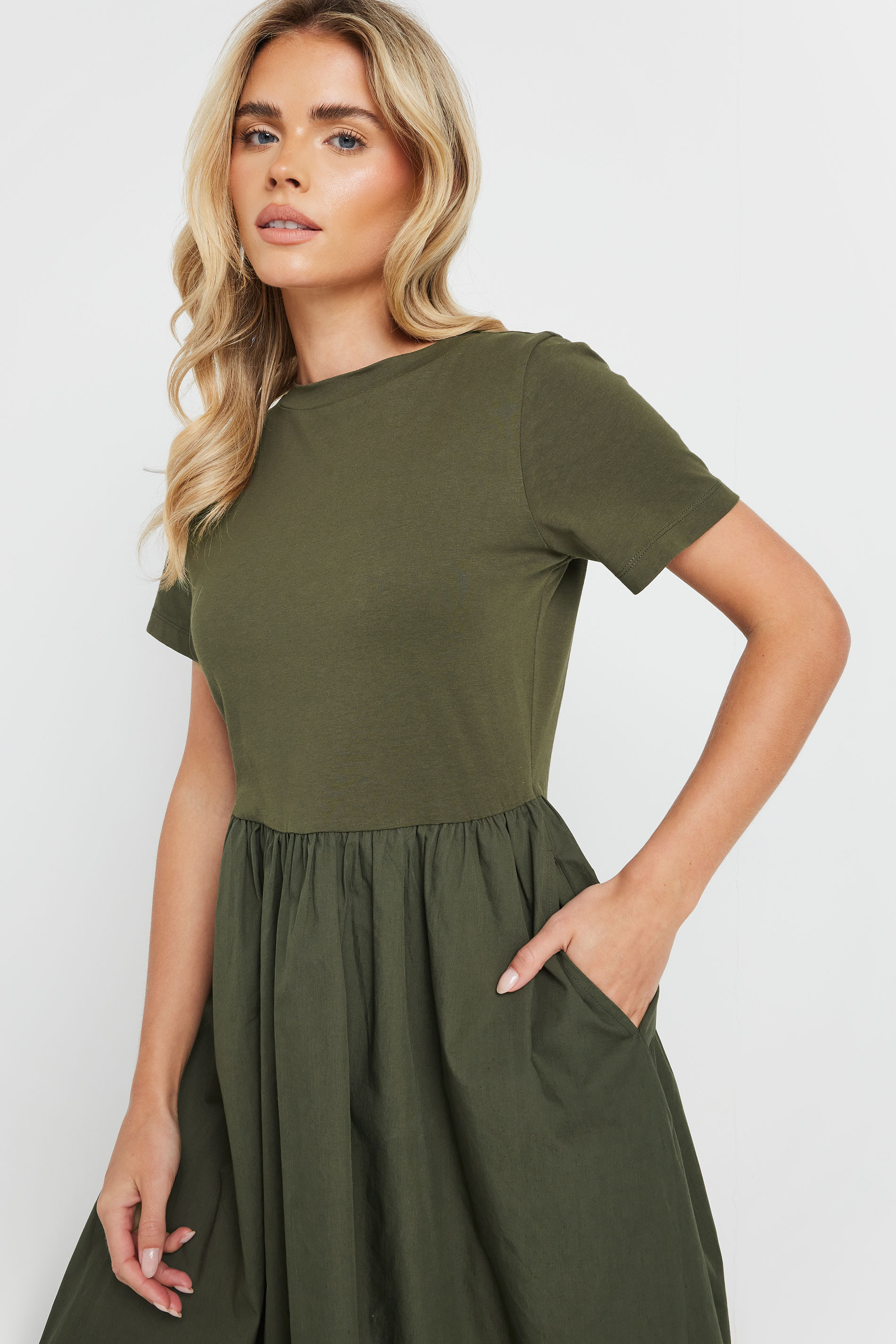 M&Co Petite Khaki Green Short Sleeve Cotton Midi Dress | M&Co 4