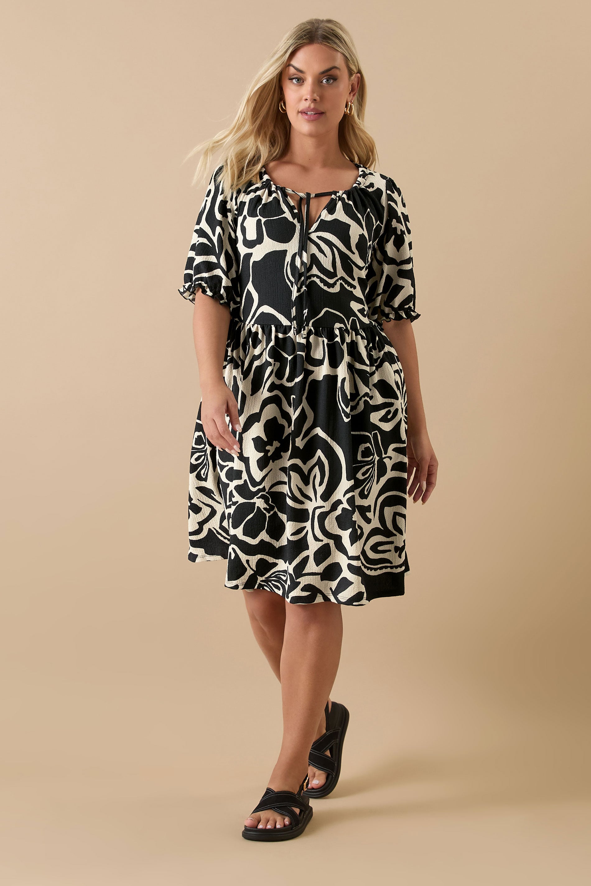 YOURS Plus Size Black Abstract Floral Tie Neck Mini Dress | Yours Clothing 3