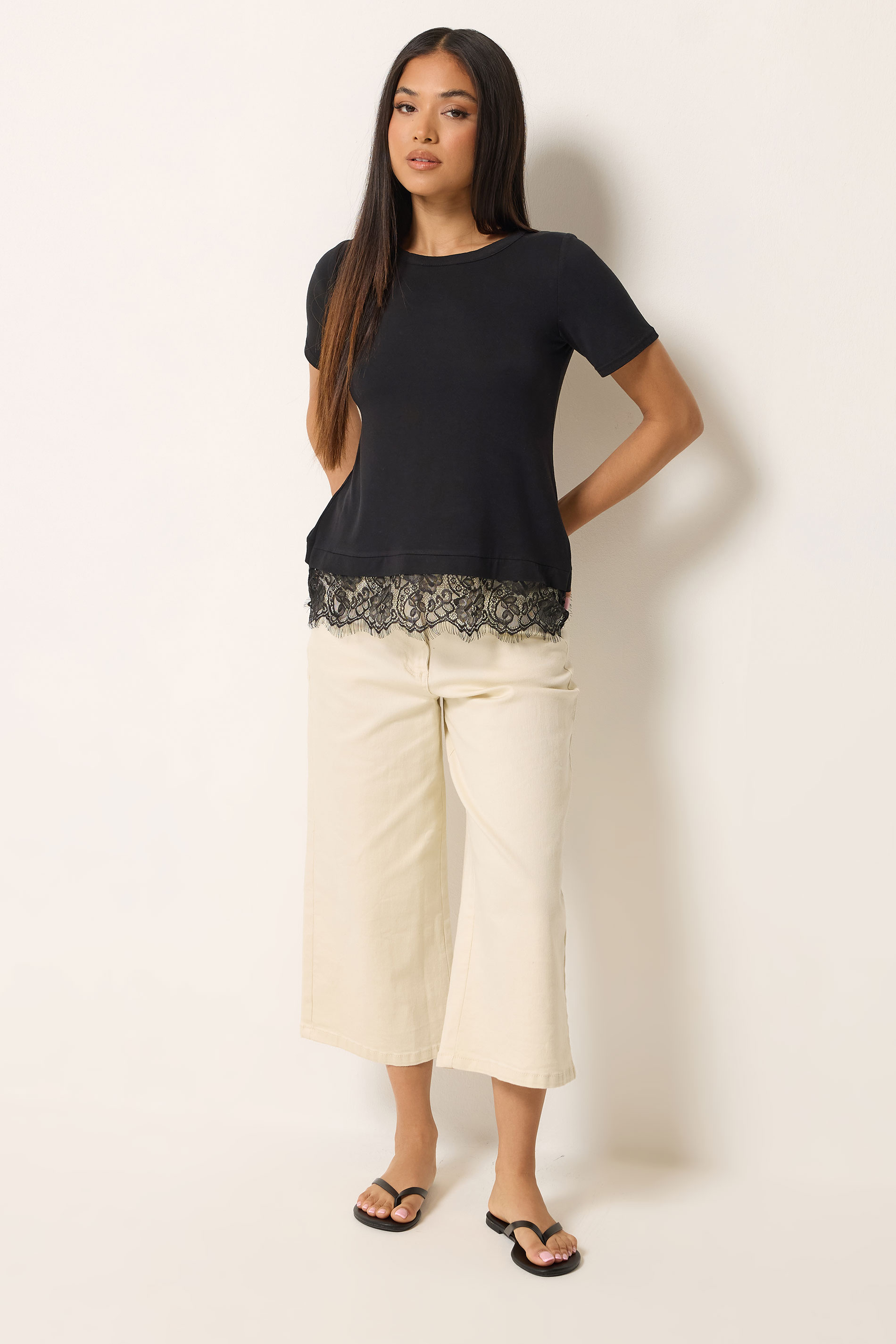 M&Co Petite Black Lace Hem T-Shirt | M&Co 1