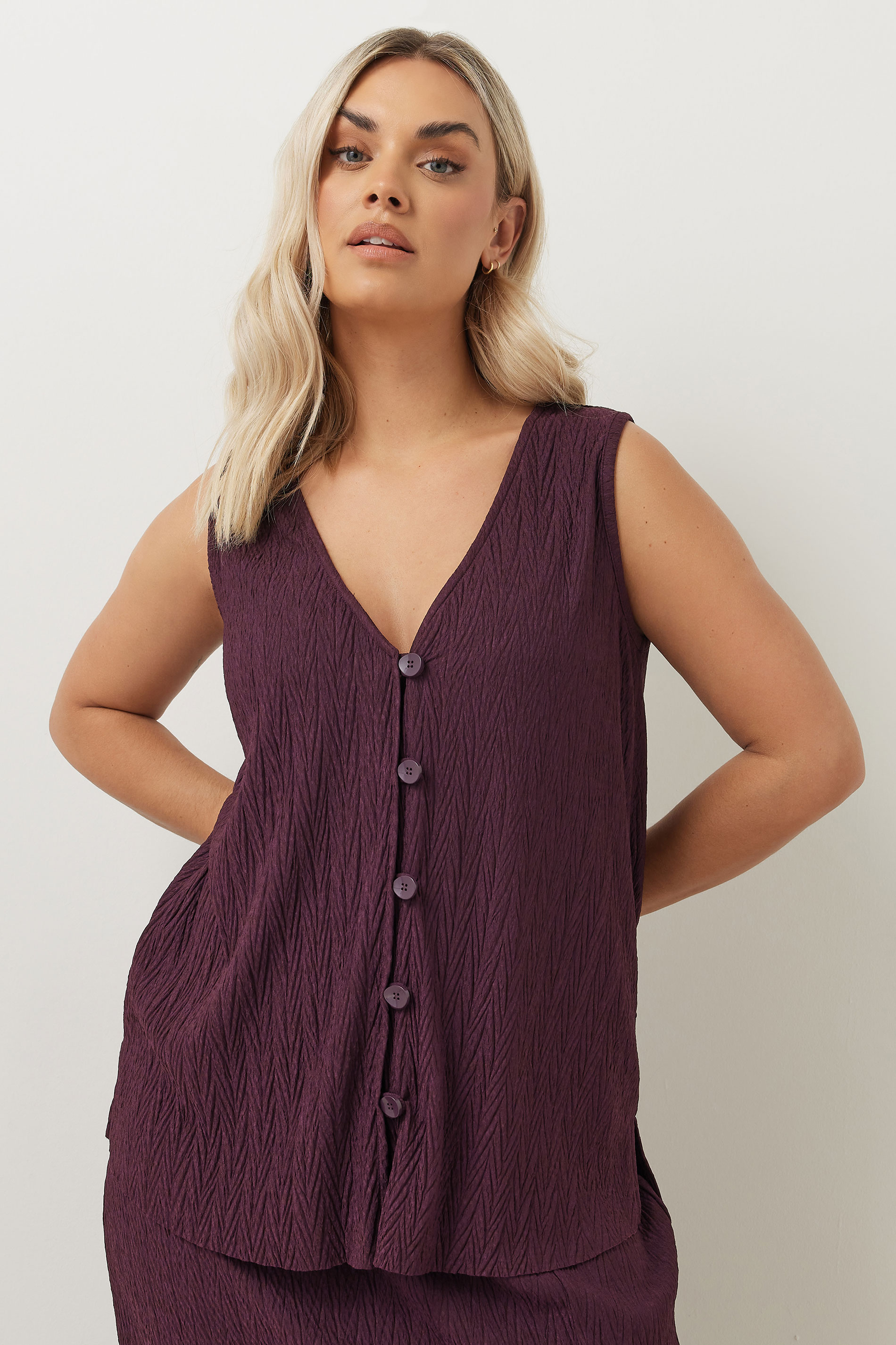 YOURS Plus Size Purple Crinkle Plisse Waistcoat | Yours Clothing 3