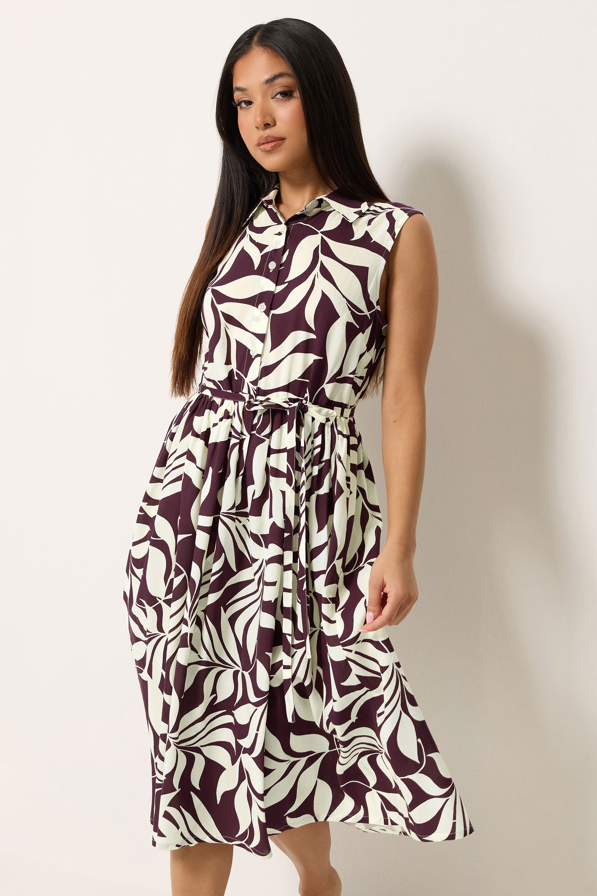 M&Co Petite Berry Purple Leaf Printed Sleeveless Midi Dress | M&Co 1