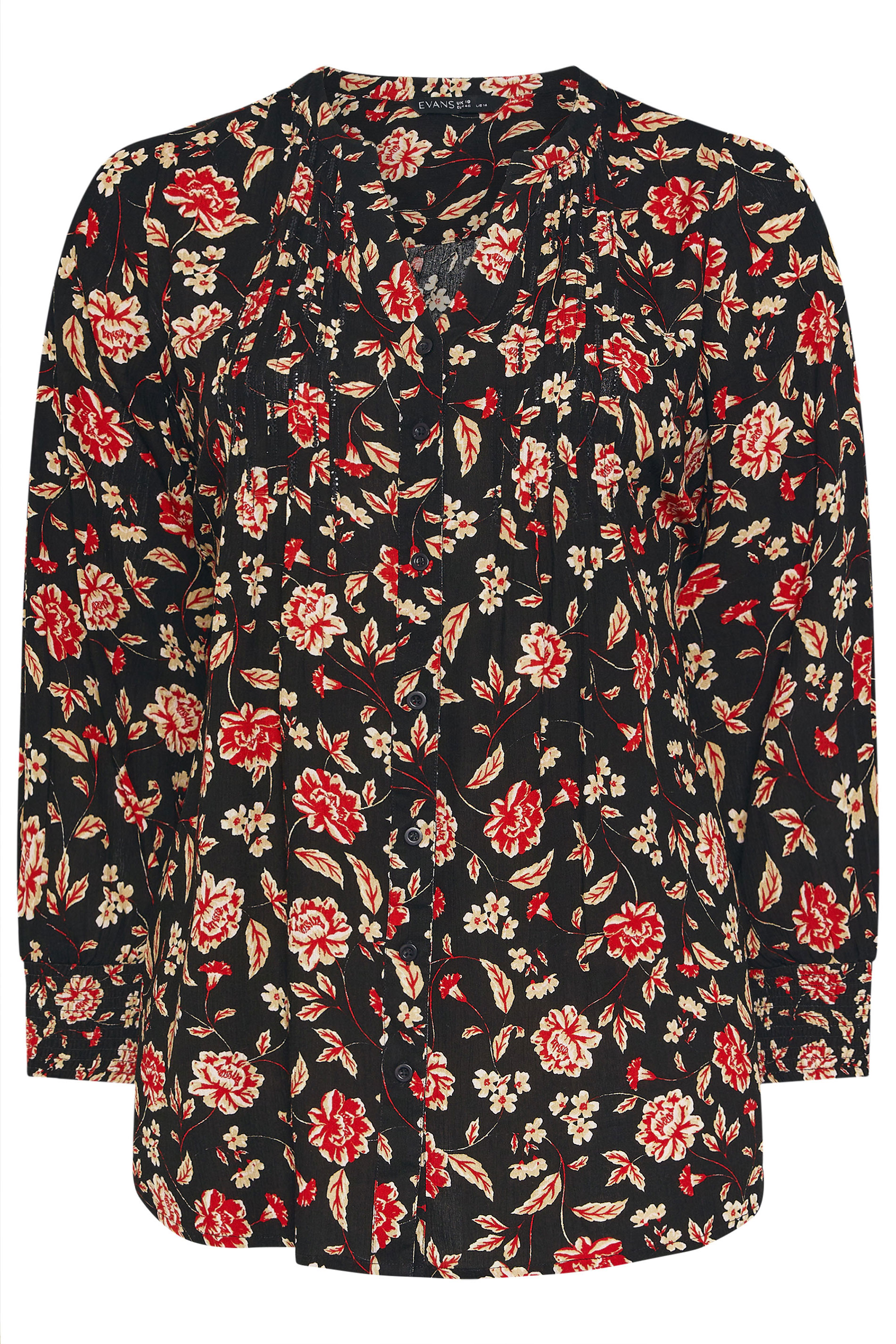 EVANS Plus Size Black & Red Floral Print Pintuck Blouse | Evans 5