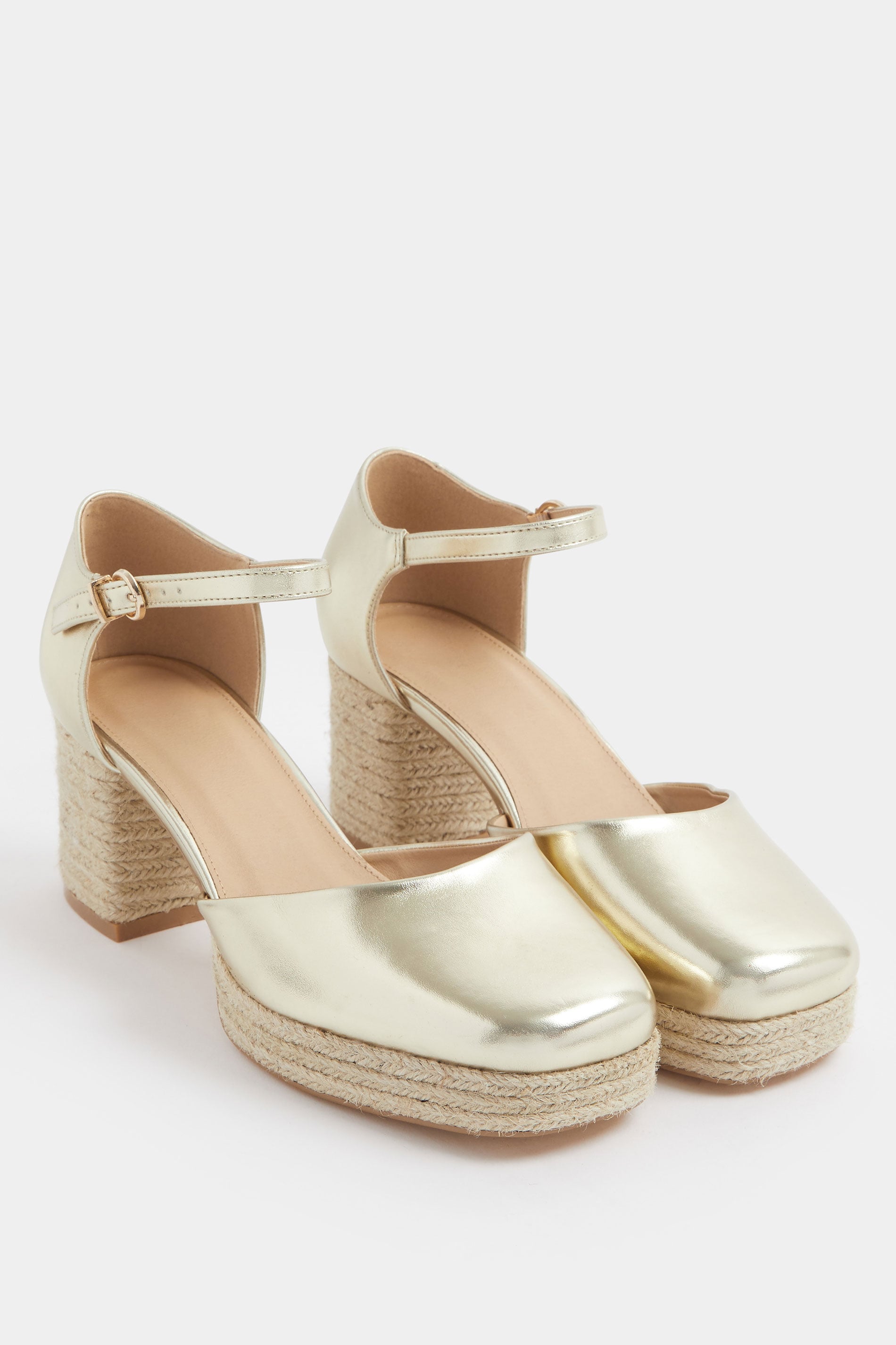 Gold Espadrille Platform Block Heels In Extra Wide EEE Fit | Yours Clothing 1