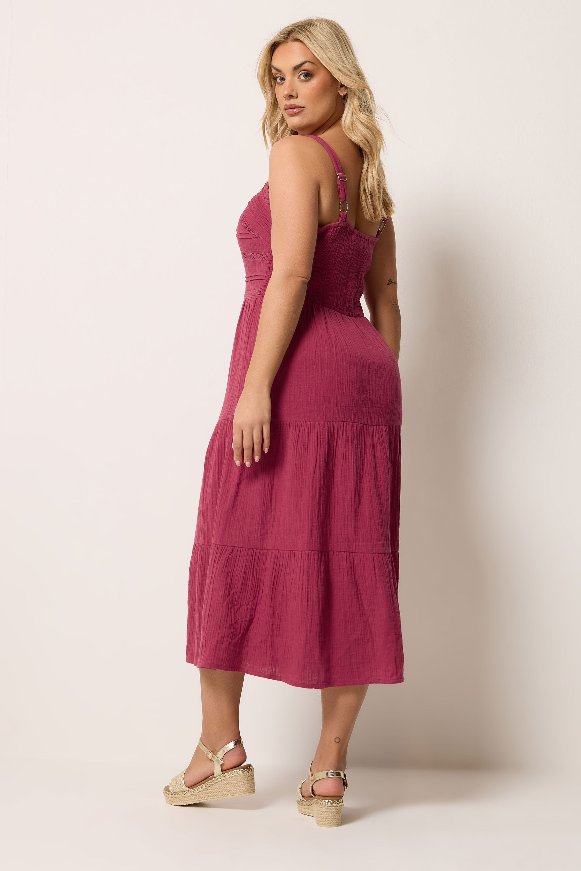 YOURS Plus Size Pink Cheesecloth Pleated Tiered Dress | Yours Clothing 4
