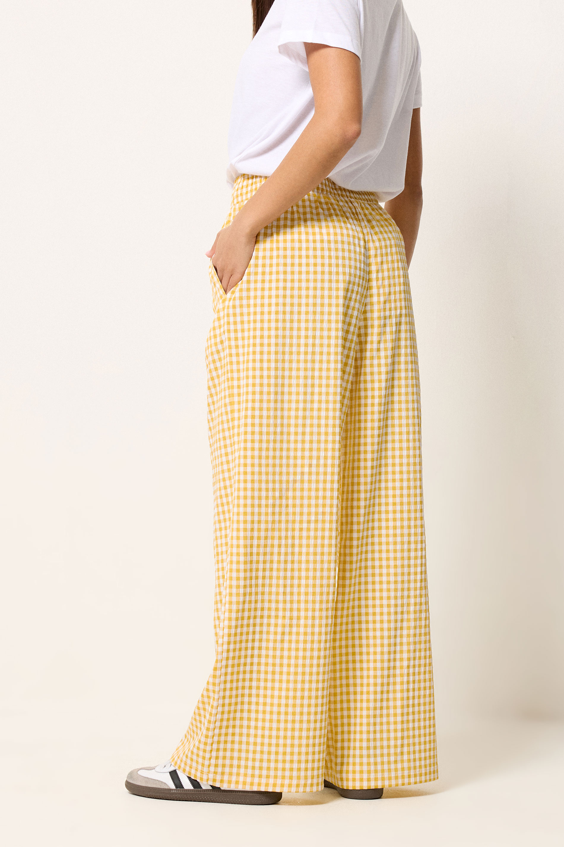 PixieGirl Petite Women's Yellow Gingham Wide Leg Trousers | PixieGirl 4