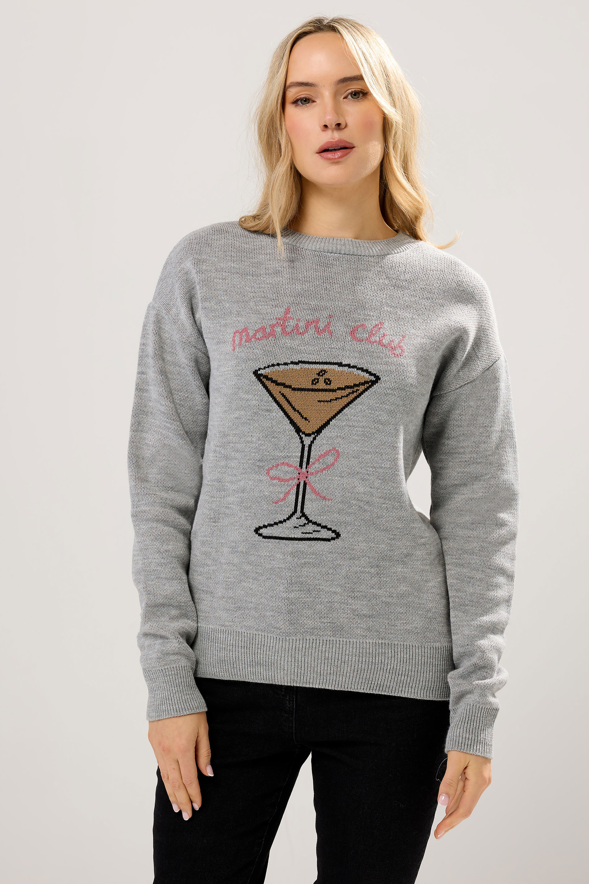 LTS Tall Grey 'Martini Club' Knitted Slogan Jumper | Long Tall Sally 3