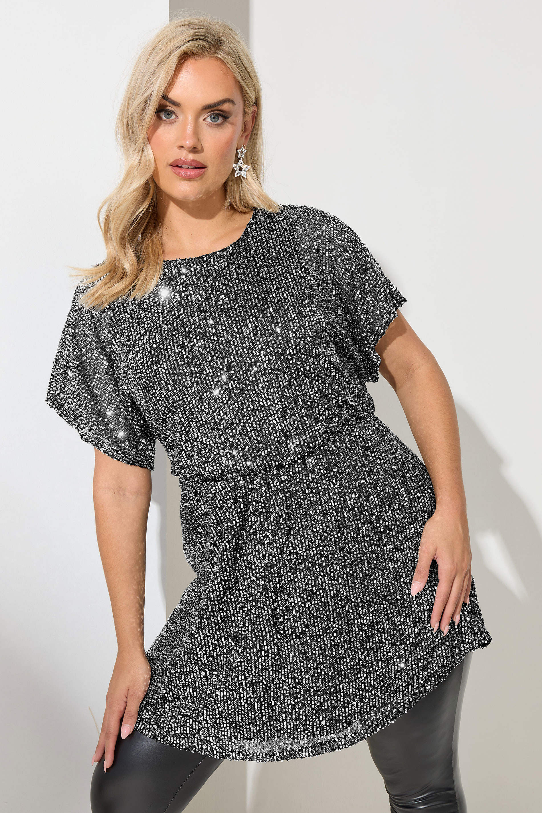 YOURS LONDON Plus Size Silver Peplum Sequin Top | Yours Clothing 3