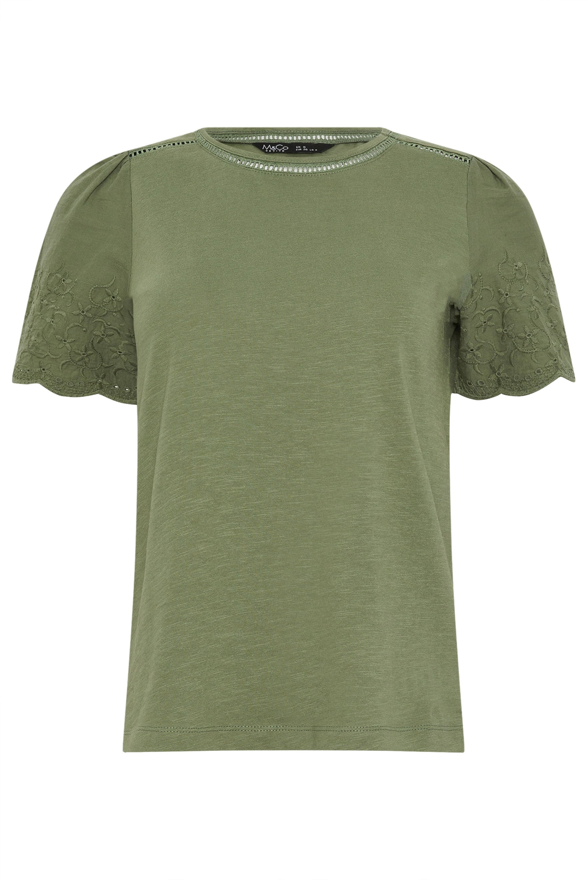 M&Co Petite Khaki Green Embroidered Sleeve Cotton T-Shirt | M&Co 5