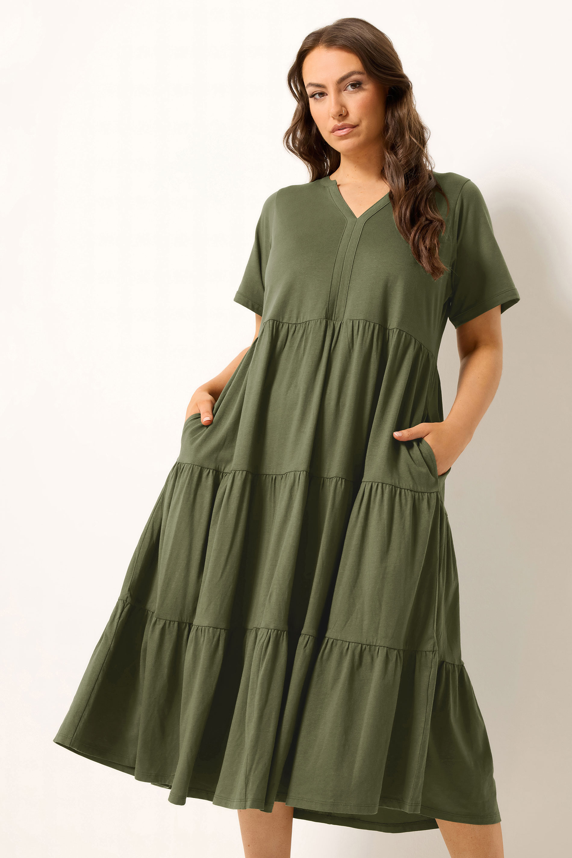 YOURS Plus Size Khaki Green Tiered Maxi Dress | Yours Clothing 3