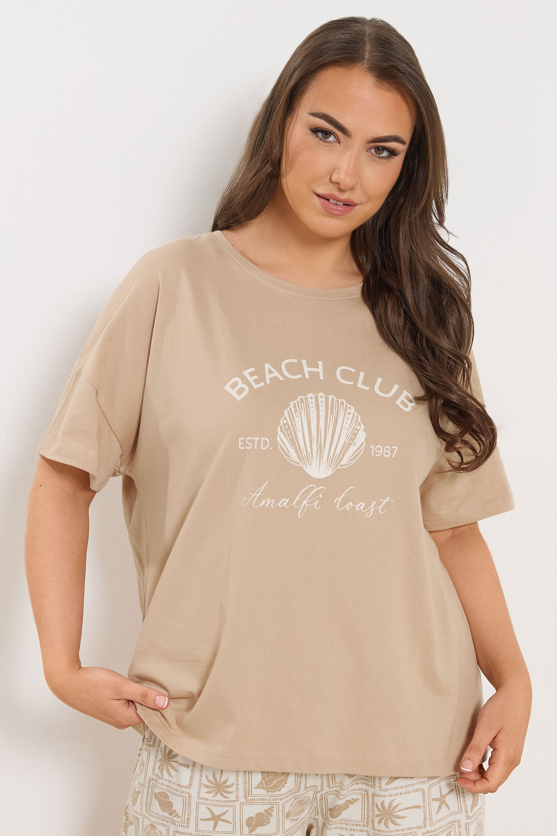 YOURS Plus Size Natural Brown 'Beach Club' Pyjama Set | Yours Clothing 1