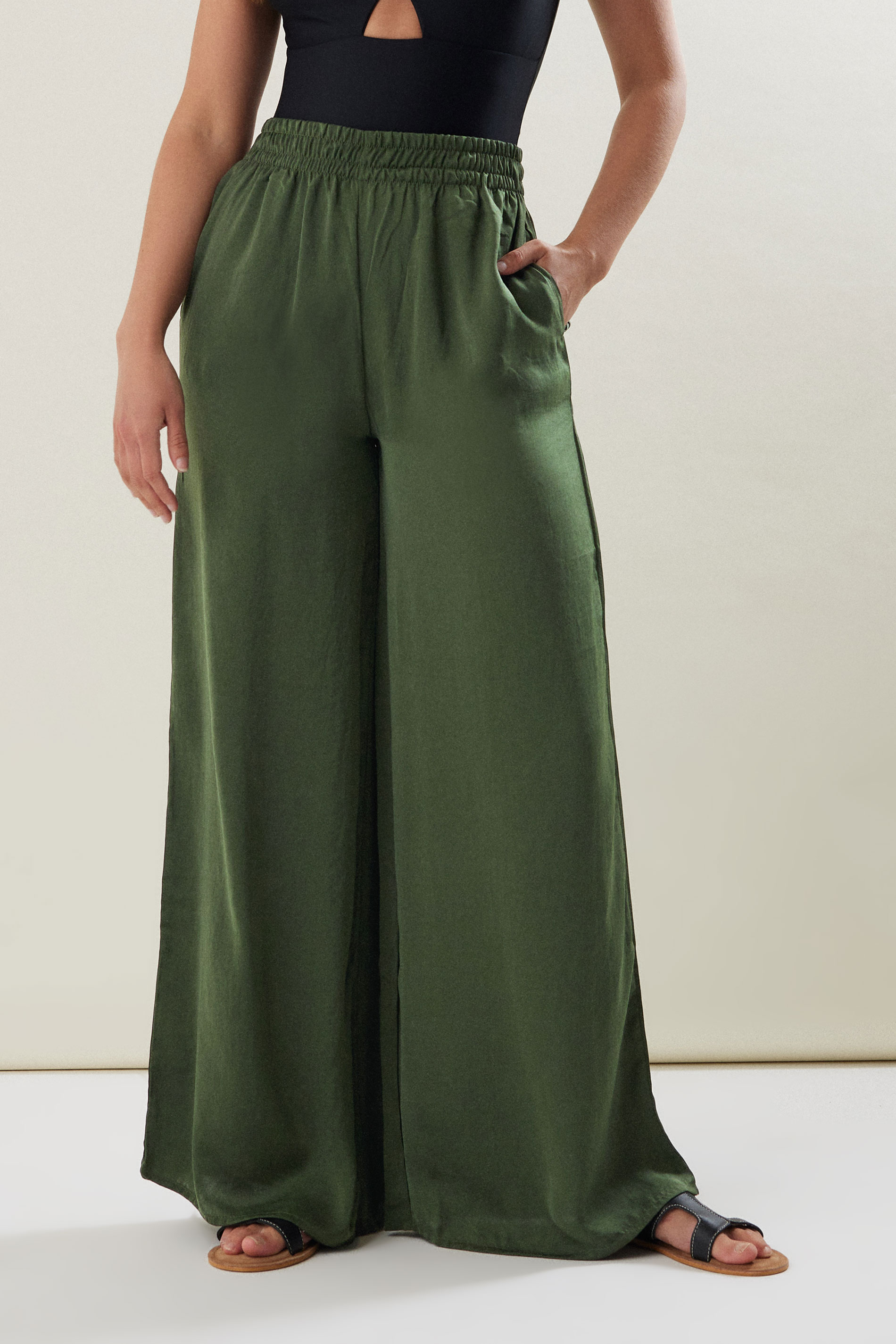LTS Tall Khaki Green Matt Satin Wide Leg Trousers | Long Tall Sally 1