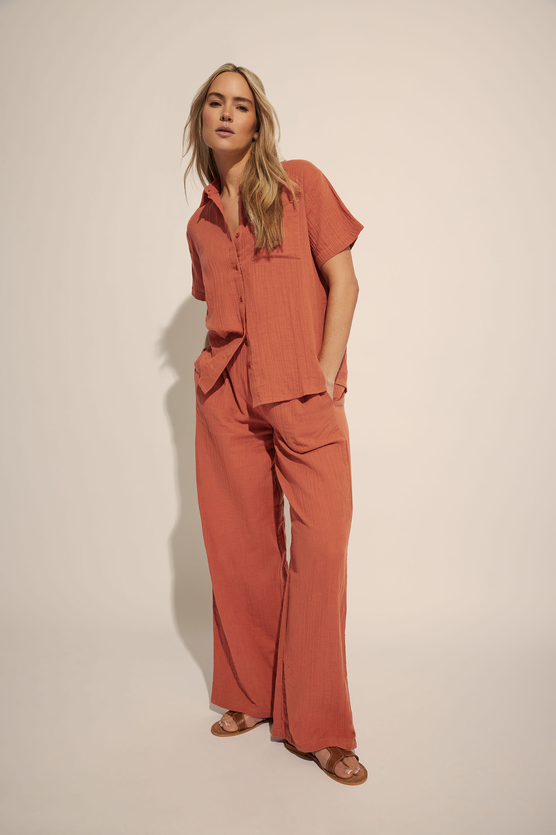 LTS Tall Rust Orange Cotton Cheescloth Wide Leg Trousers | Long Tall Sally 3