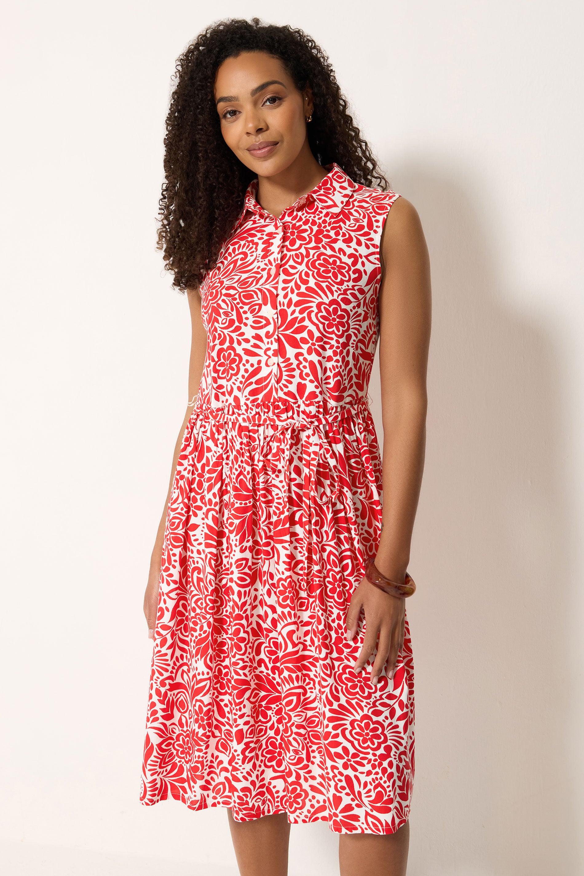 M&Co Red and White Abstract Printed Sleeveless Shirt Dress | M&Co 1